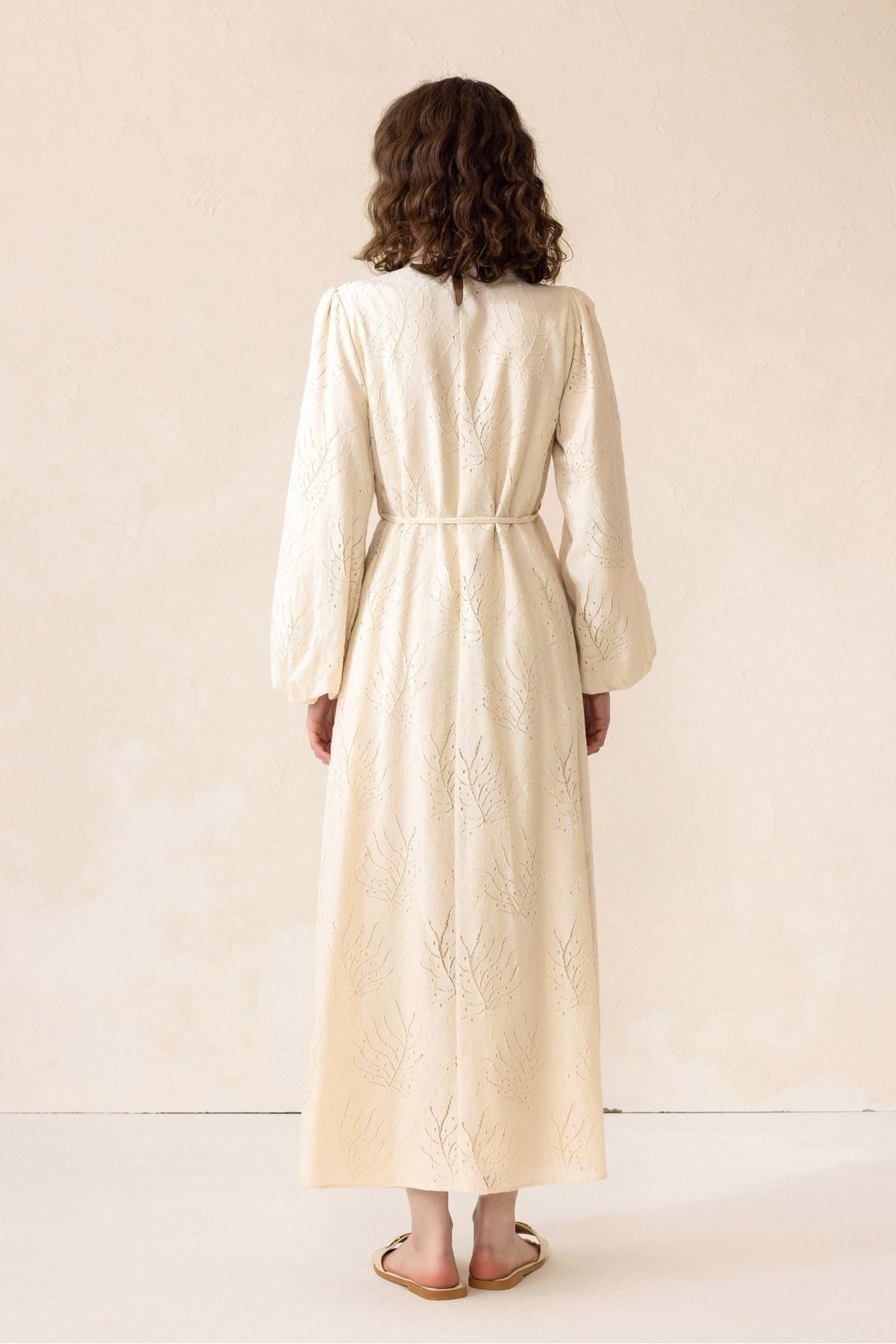 Olcay-Guipure Dress with Button and Brit Accessories Beige 9297-E 8