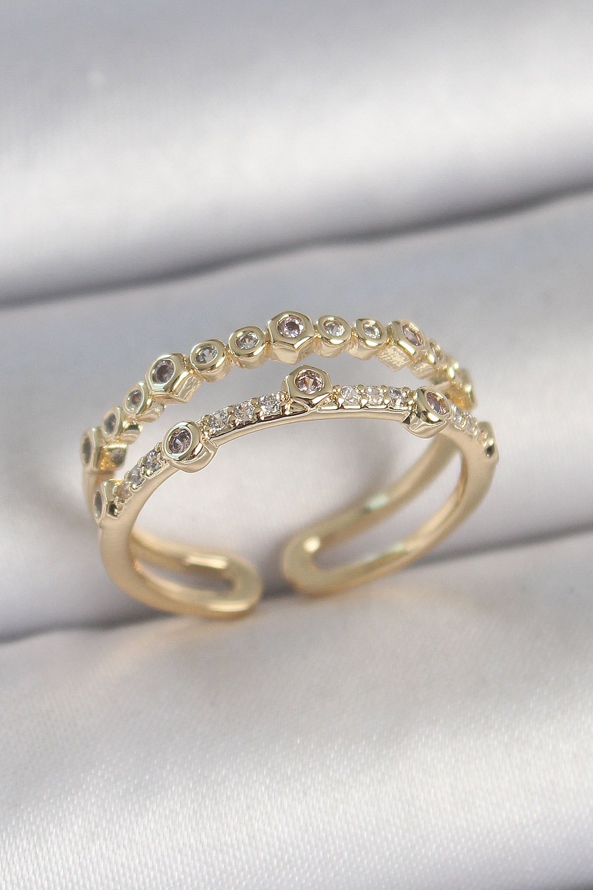 STİLLOVE Pirinç Gold Renk 2'Li Sıralı Zirkon Taşlı Ayarlanabilir Model Kadın Yüzük SL11520