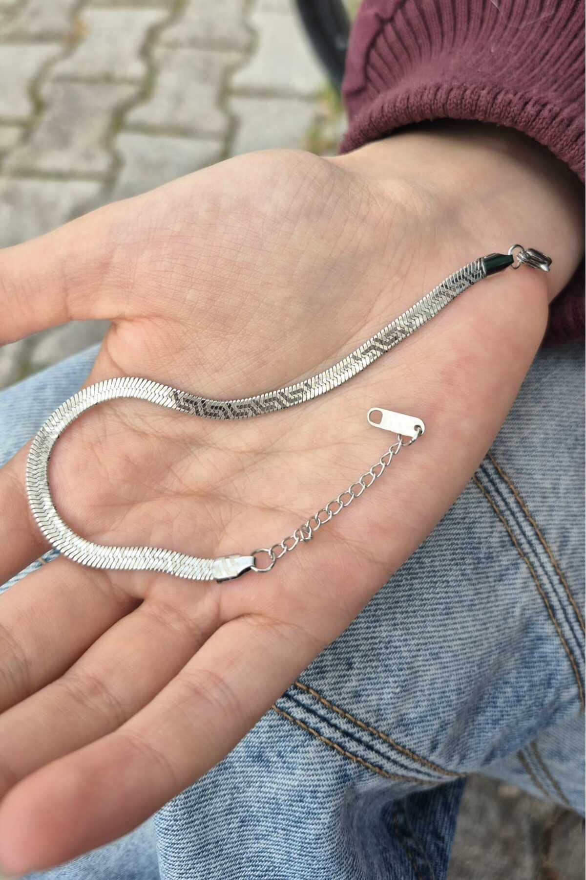 TAKIMAKI Paslanmaz Kararmaz Kadın Erkek Çelik Bileklik Unisex Yılan Yassı Çelik Zincir Bileklik Bilezik