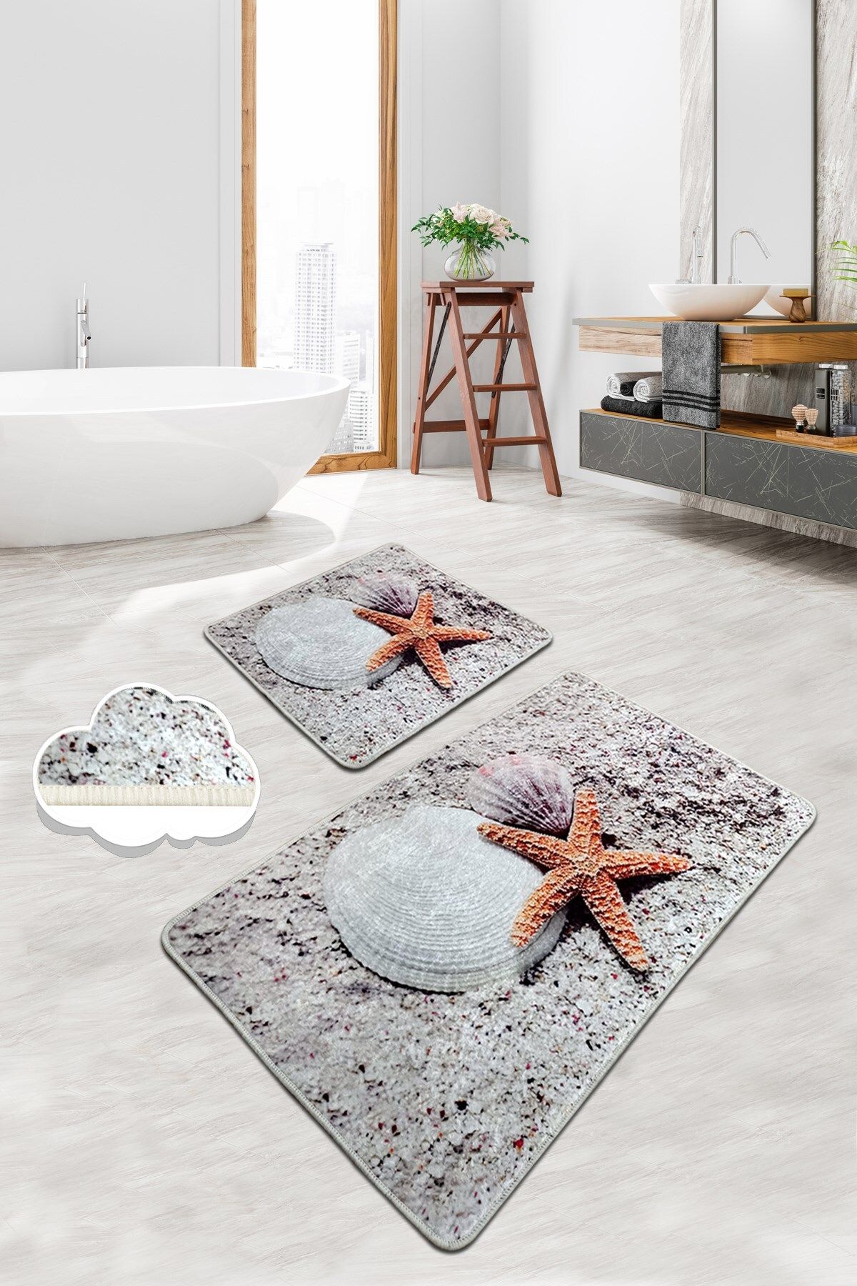 Casaculina Starfısh Deniz Yıldızı Gri 2'li Set Banyo Halısı Paspas, Klozet Takımı, Yıkanabilir, Kaymaz Taban