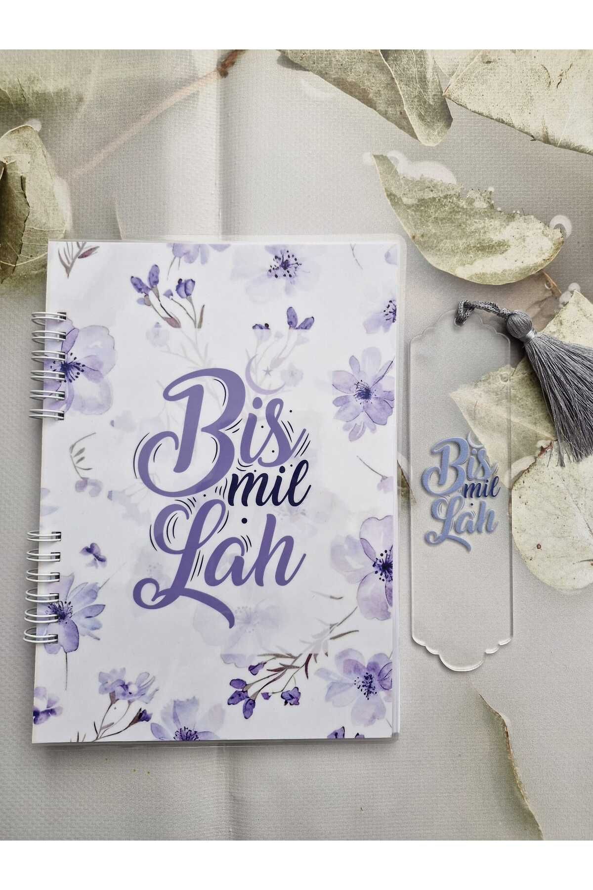 ETİKETİM Bismillah Yazılı Mor Çiçekli Defter ve Pleksi Ayraç Seti