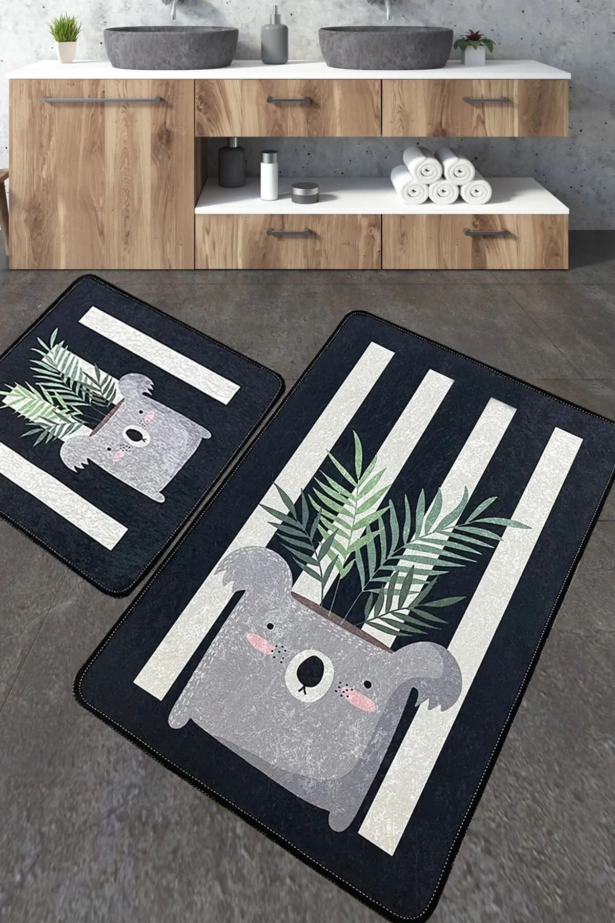 Casaculina Koala Siyah & Beyaz 2'li Set Banyo Halısı Paspas - Klozet Takımı, Yıkanabilir, Kaymaz Taban