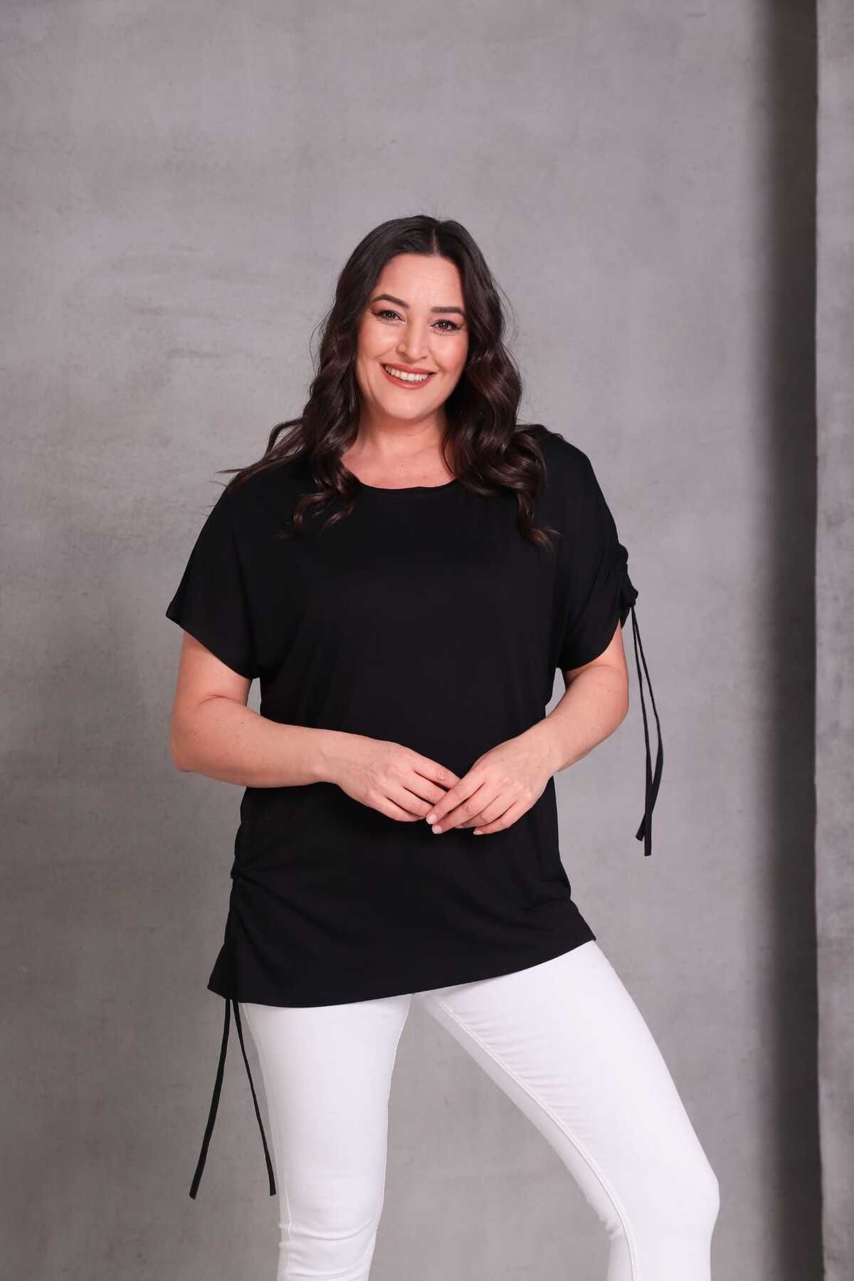 Esina Kadın Omuz ve Etek İp Detaylı Basic Viskon Bluz