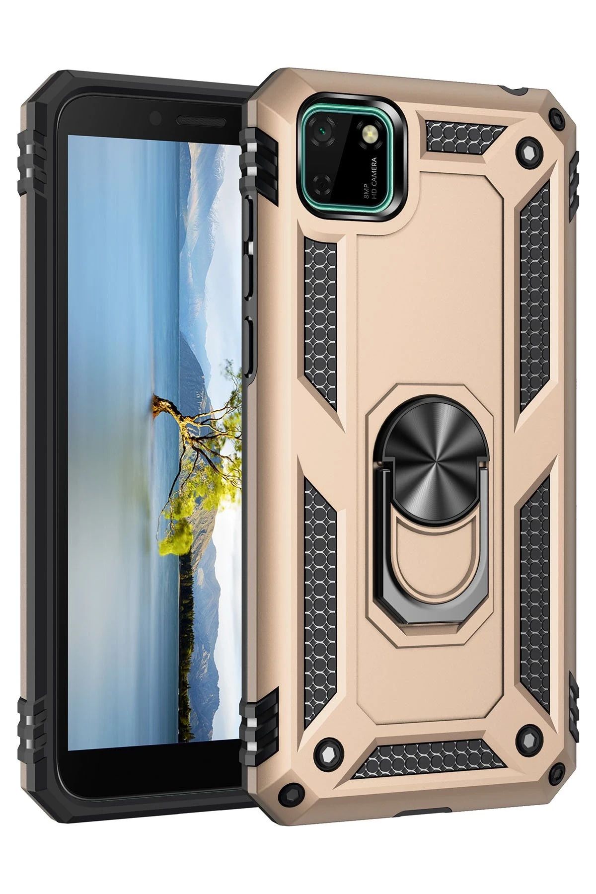 NewFace Huawei Y5P Kılıf Sofya Yüzüklü Silikon Kapak - Gold SVLRS