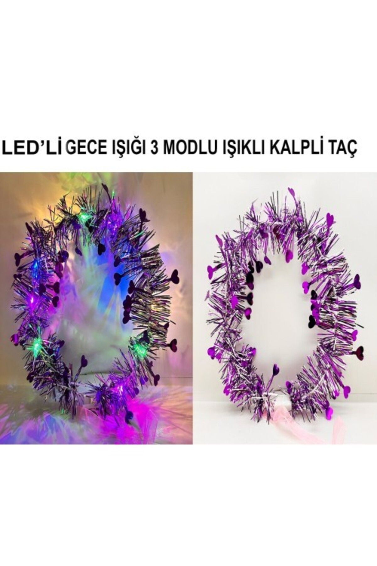 Otocub Kalp Püsküllü 3 Modlu LED Işıklı Taç Mor Renk