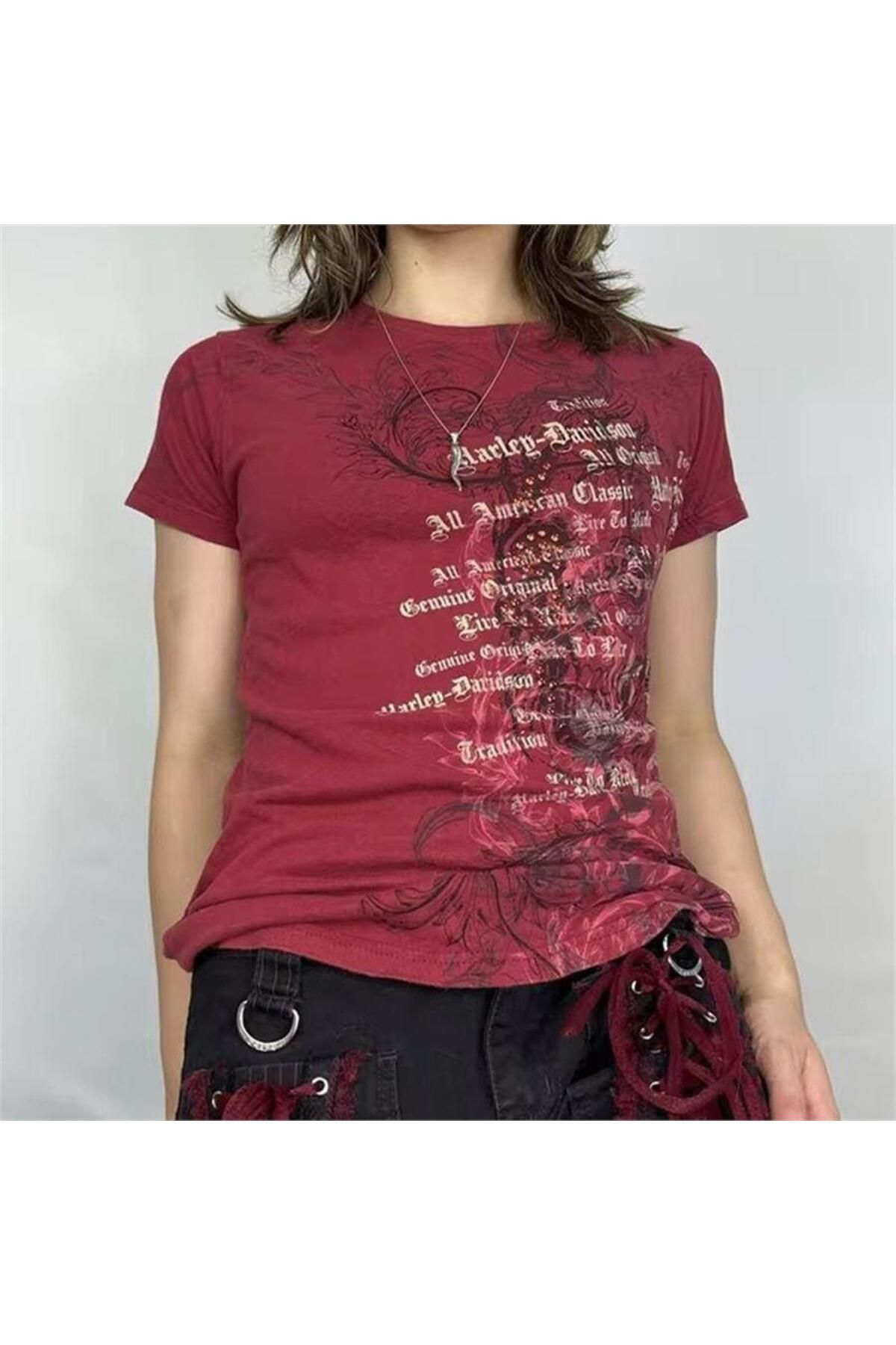 BALİNA Kırmızı Skull Life Cyber Grunge Kısa Kollu Crop -ALH