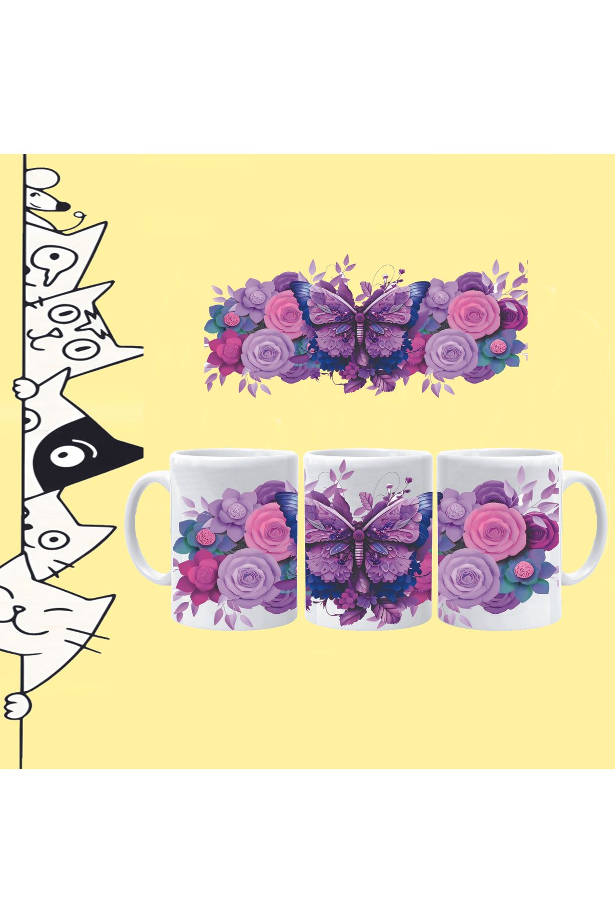 Olympus plus MOR KELEBEK MOR ÇİÇEK BUTTERFLY TASARIM FULL BASKILI BEYAZ KUPA BARDAK