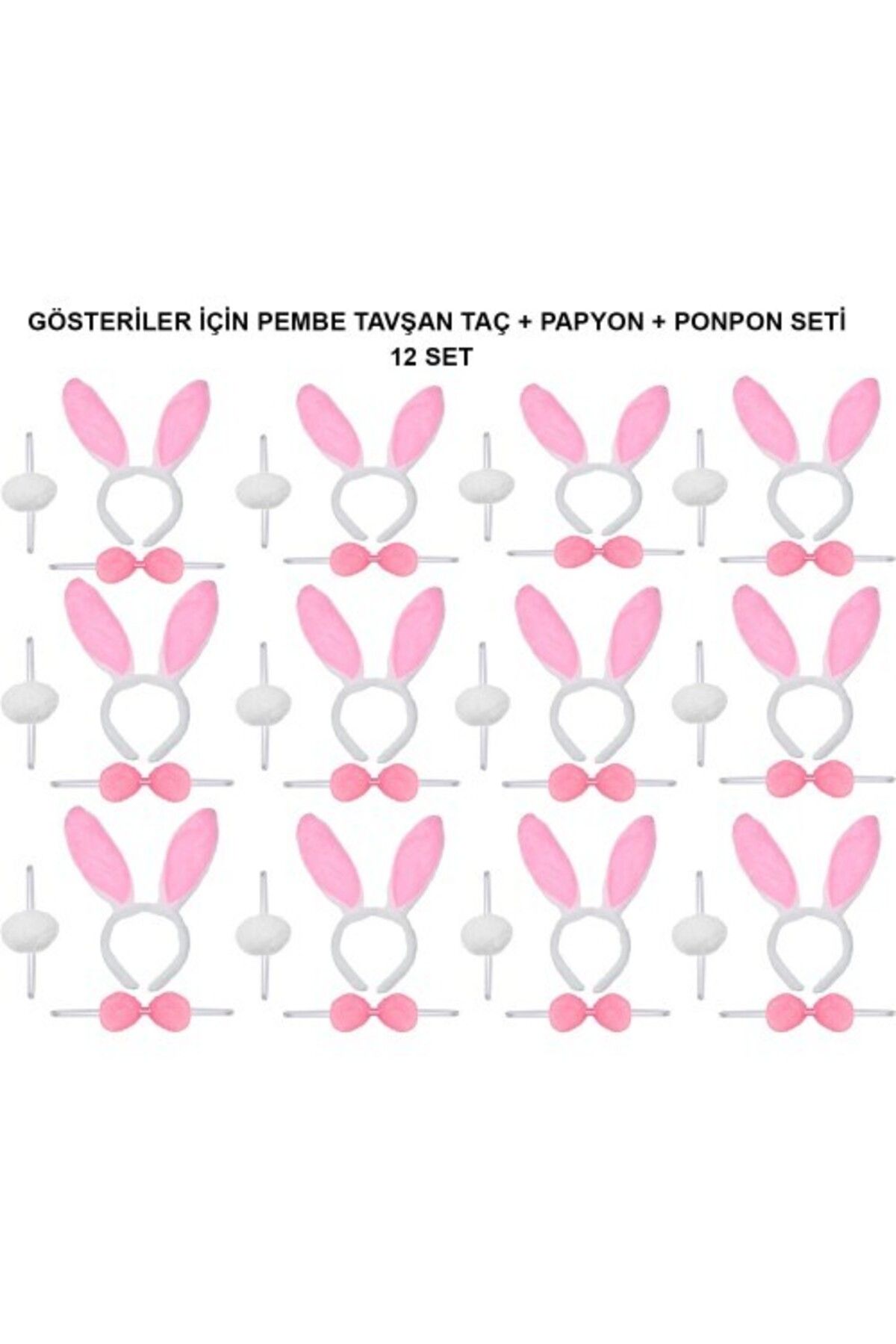 Otocub Pembe Tavşan Kostüm Seti – Taç, Papyon, Ponpon (12’li Paket)