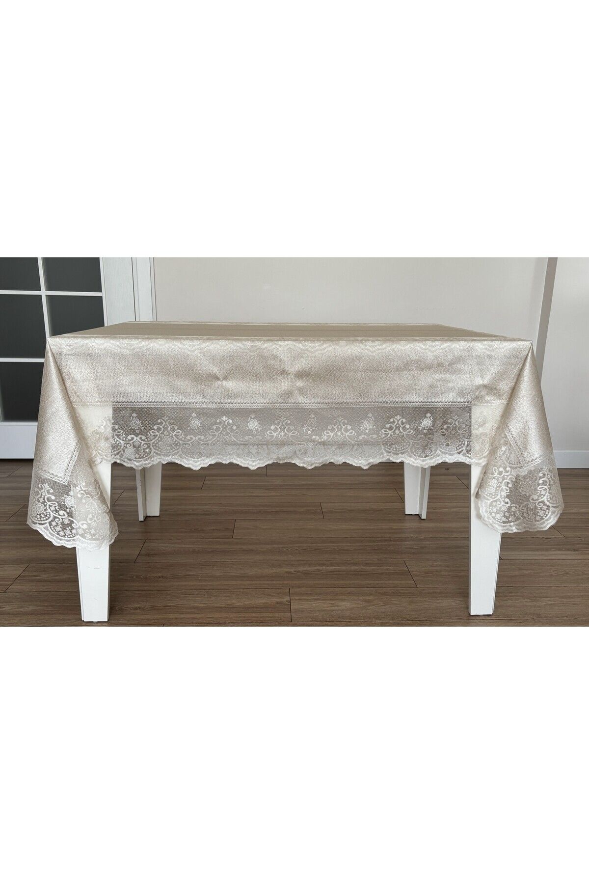Home Dertsiz Dantelli Tül Leke Tutmaz Masa Örtüsü 160x220 Cm,8 kişilik,Gold