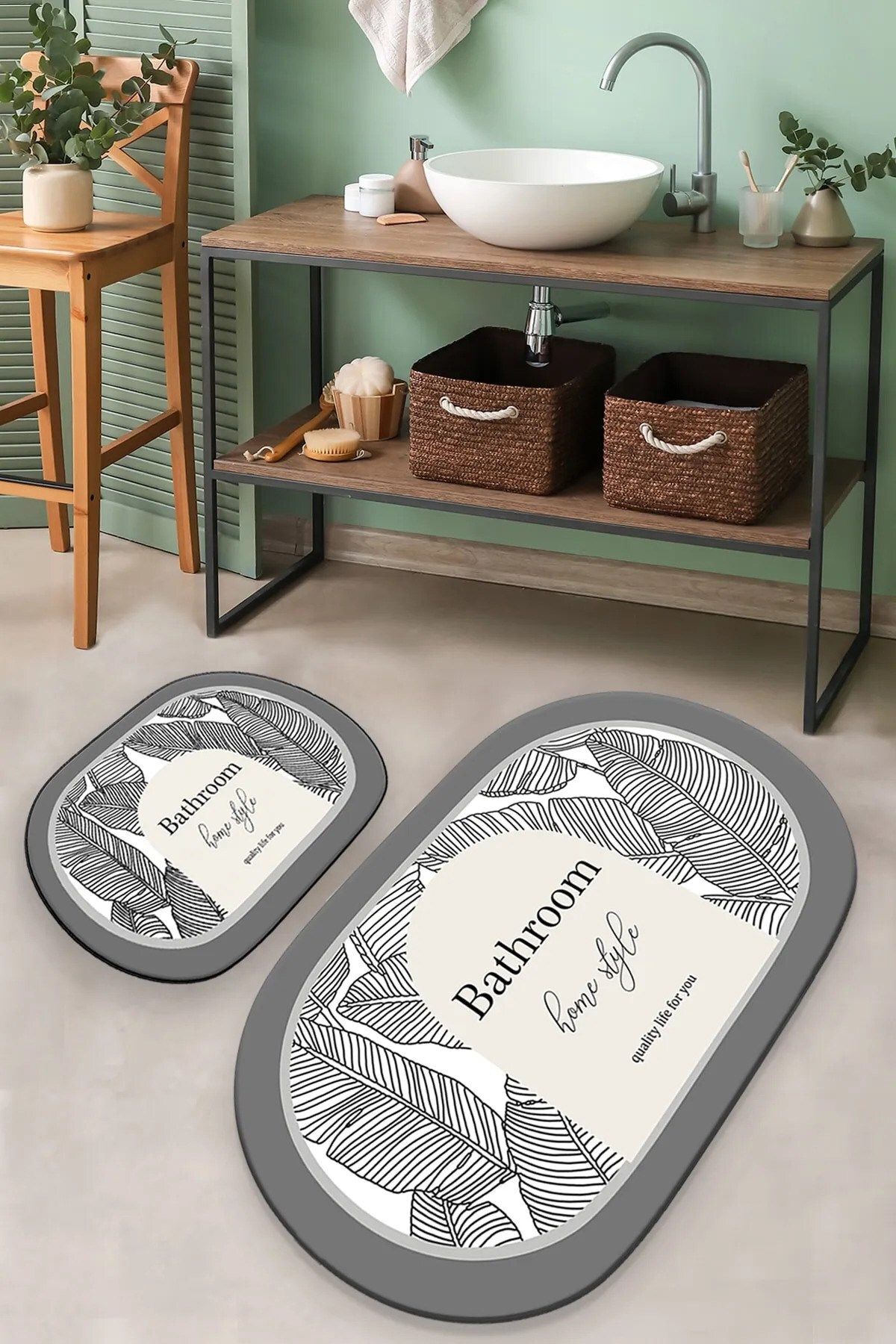 Casaculina Yaprak Gri 2'li Set Banyo Halısı Paspas Klozet Takımı, Yıkanabilir, Kaymaz Taban 60x100/60x50