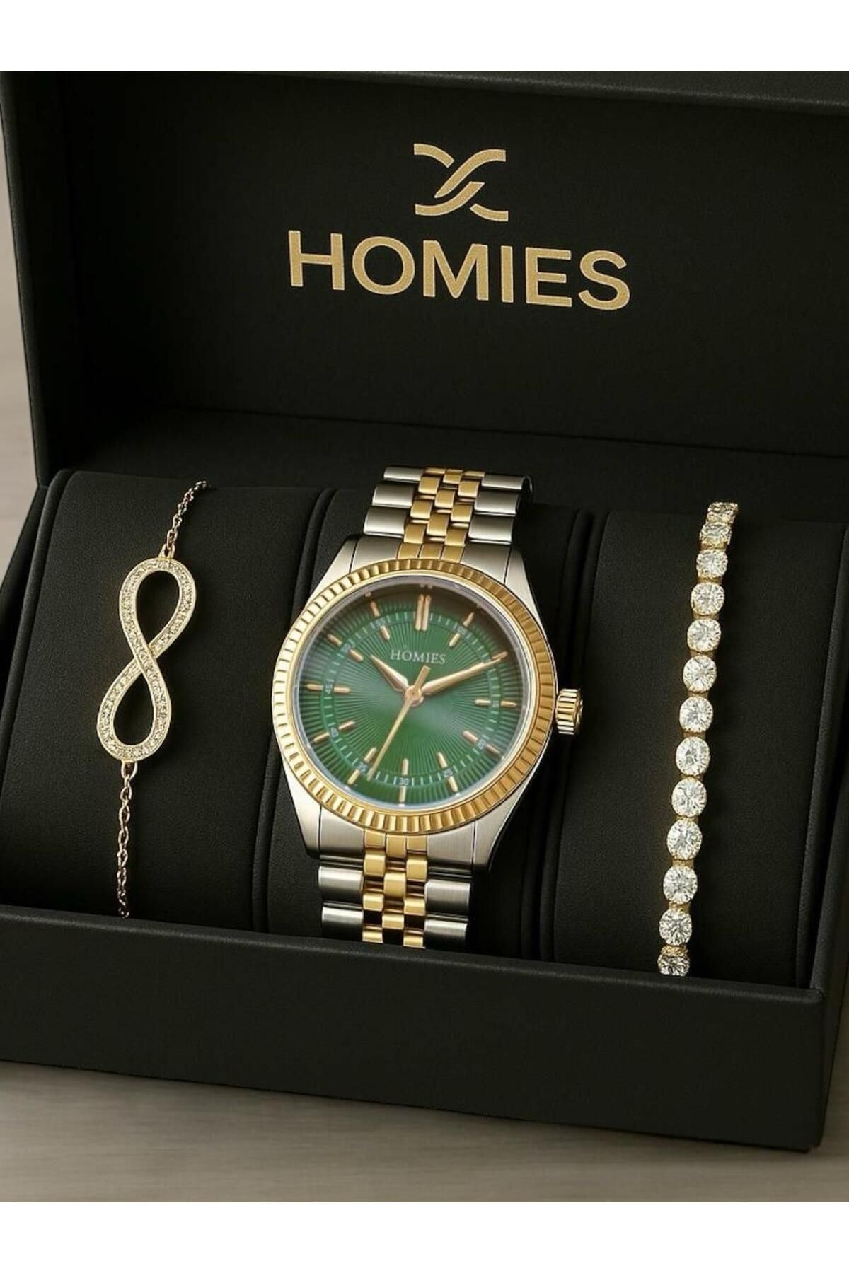 Homies Yeşil Kadranlı Çelik Bileklikli Kadın Saat Seti - Sonsuzluk ve Su Yolu Taşlı Bileklik