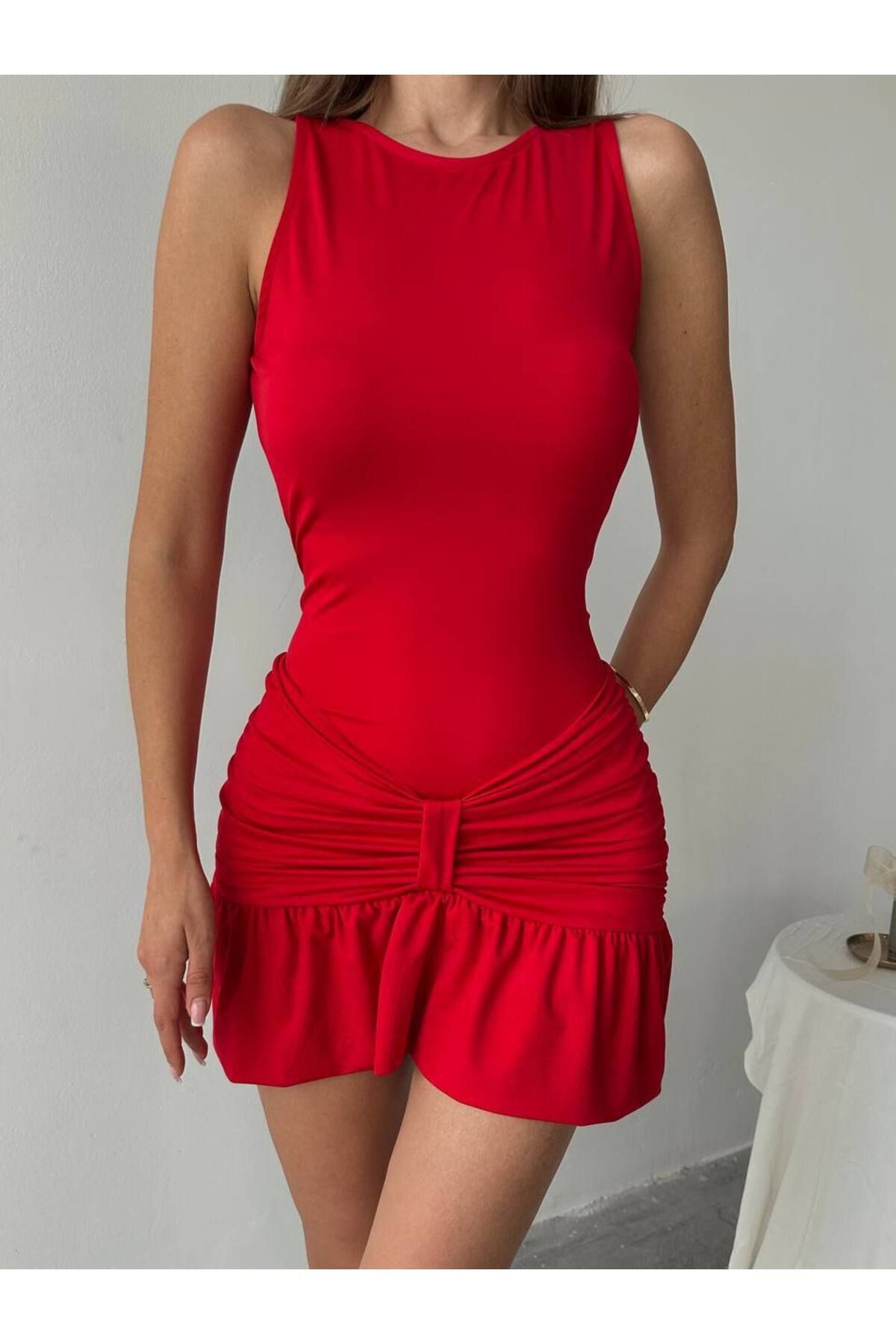 NovaRopa Kadın Kırmızı Drape Detaylı Dalgıç Kumaş Mini Elbise-DSC026