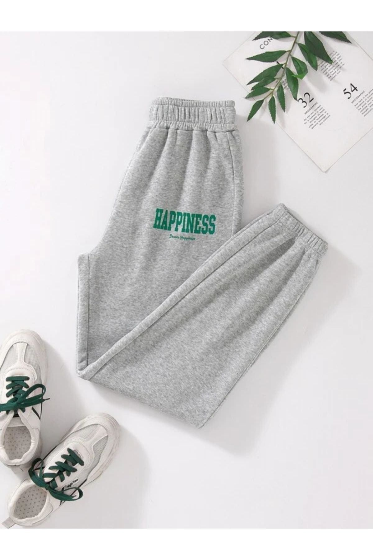 GIANTSTORE Kadın Gri Happines Baskılı Eşofman Altı
