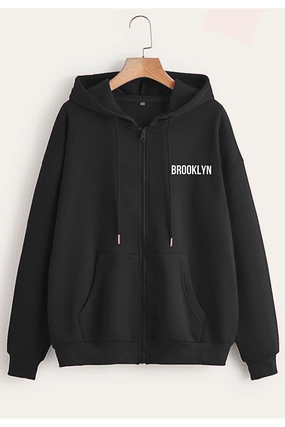GIANTSTORE Erkek Siyah Brooklyn Baskılı Kapüşonlu Oversize Ceket