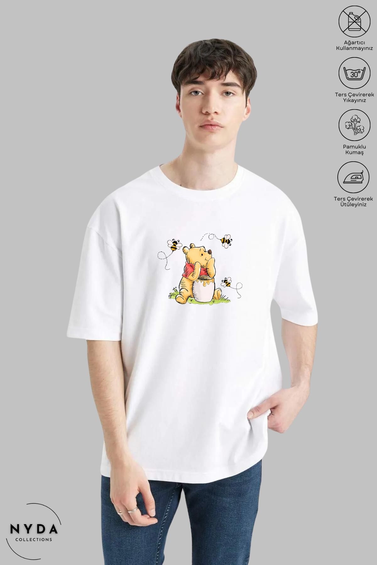 Nyda Collections Unisex Bisiklet Yaka Winnie The Pooh Baskılı Pamuk Oversize Kısa Kollu Tişört