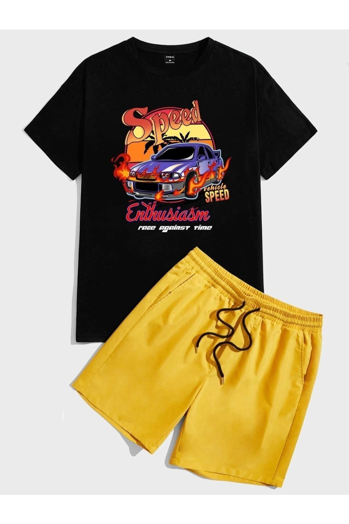 GIANTSTORE Erkek Siyah Speed Baskılı Şort Takım