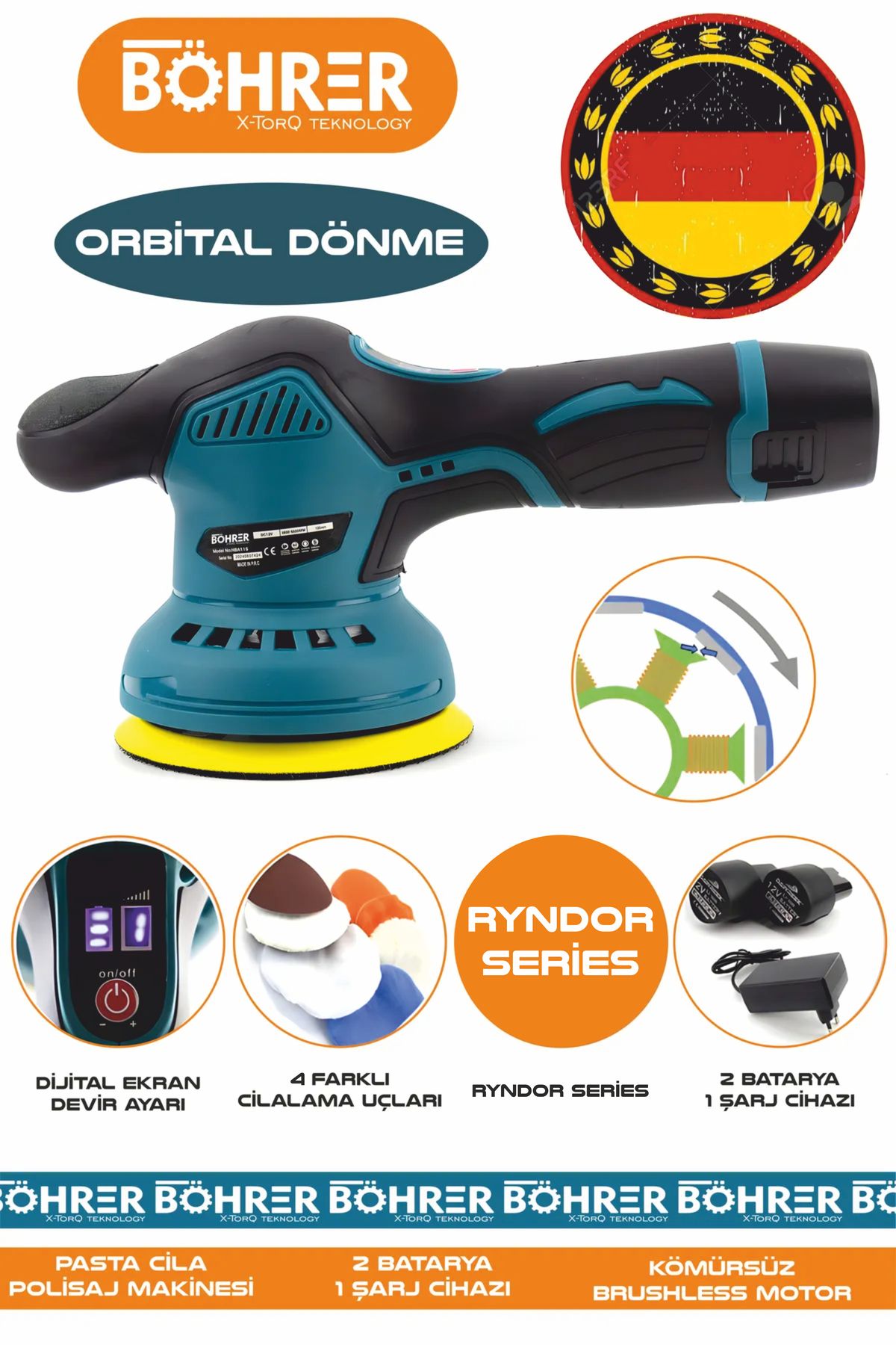 BÖHRER ALMAN V258 ÇİFT AKÜLÜ ORBİTAL 8 KADEMELİ DİJİTAL PASTA CİLA ARAÇ PARKE MERMER POLİSAJ MAKİNESİ