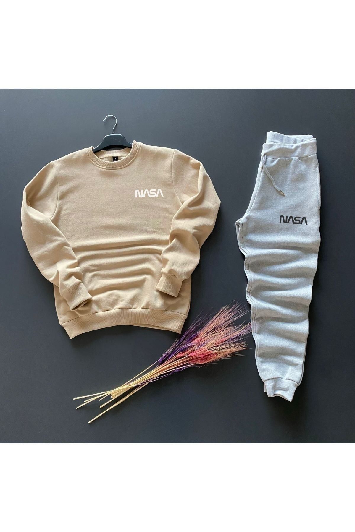 GIANTSTORE Erkek Üst Bej Alt Gri Nasa Baskılı Alt Üst Takım