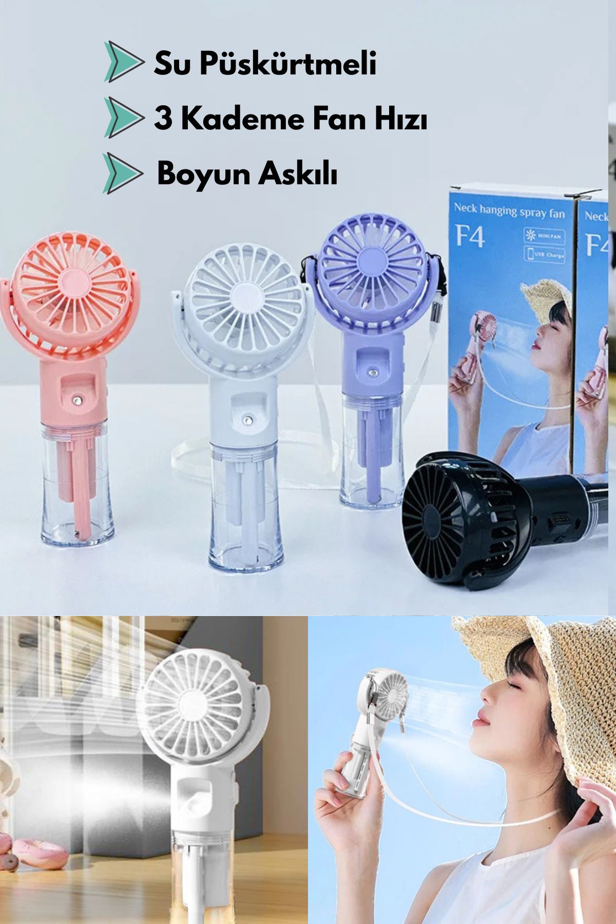 Abbruch Su Püskürtmeli Masa ve El Fanı+Nemlendirici 2in1 3 Kademe Hız Boyun İpli Güçlü Pervaneli Vantilatör