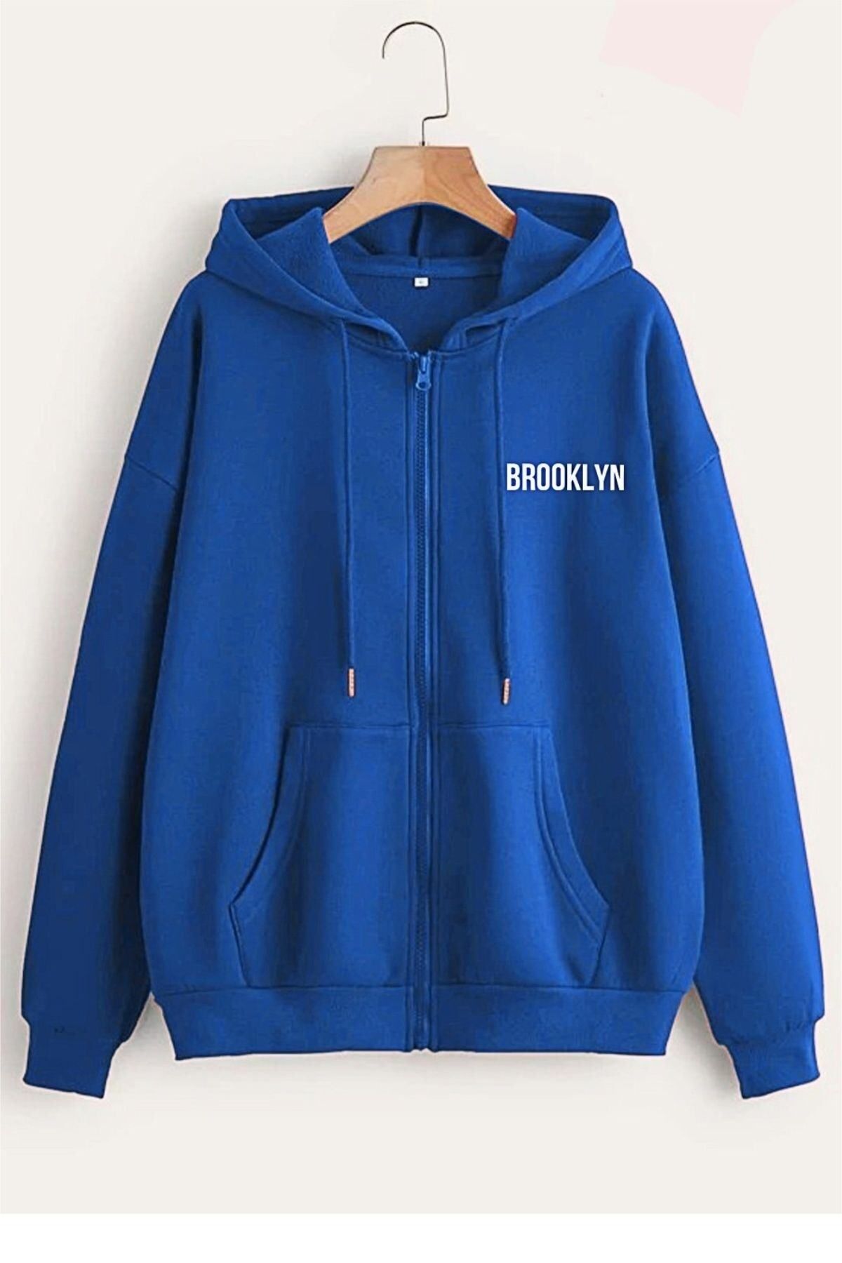 GIANTSTORE Erkek Saks Mavi Brooklyn Baskılı Kapüşonlu Oversize Ceket