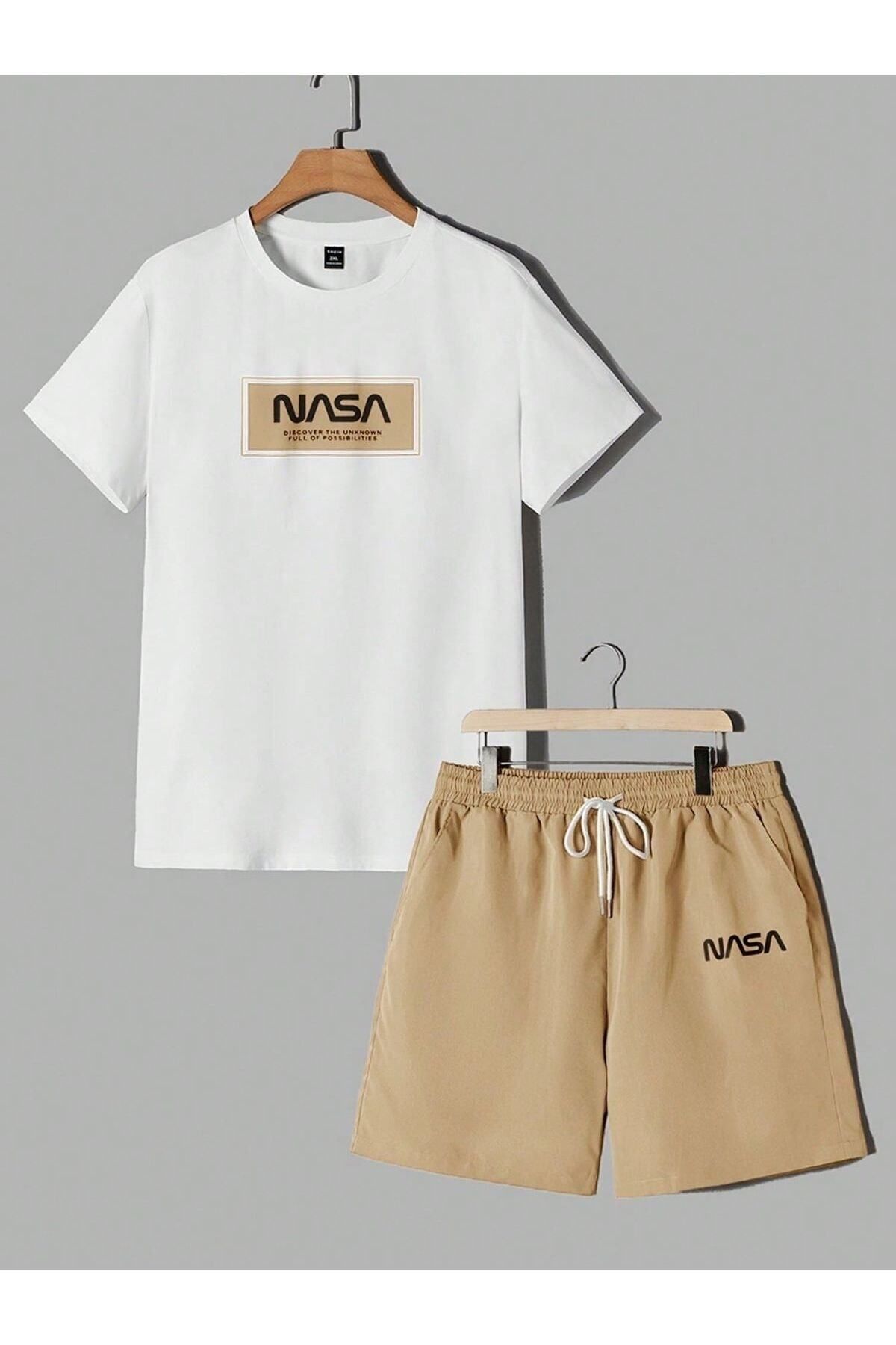 GIANTSTORE Erkek Camel Nasa Baskılı Şort Takım