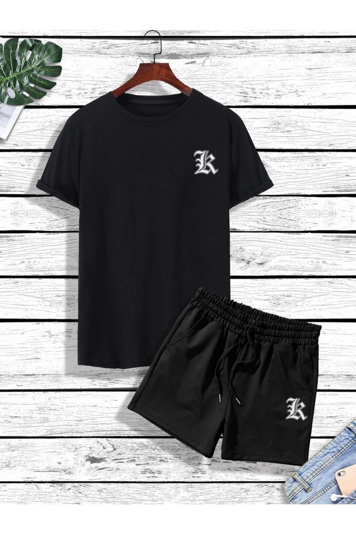 GIANTSTORE Erkek Siyah K Baskılı Şort Takım