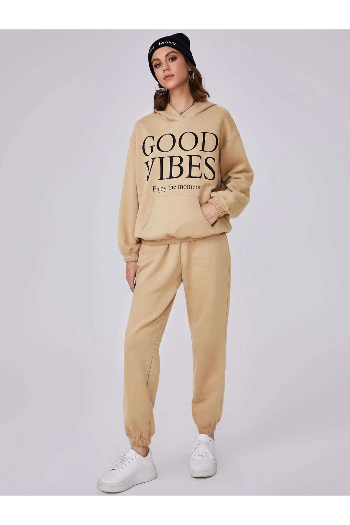 GIANTSTORE Kadın Bej Good Vibes Baskılı Oversize Kapüşonlu Alt Üst Takım