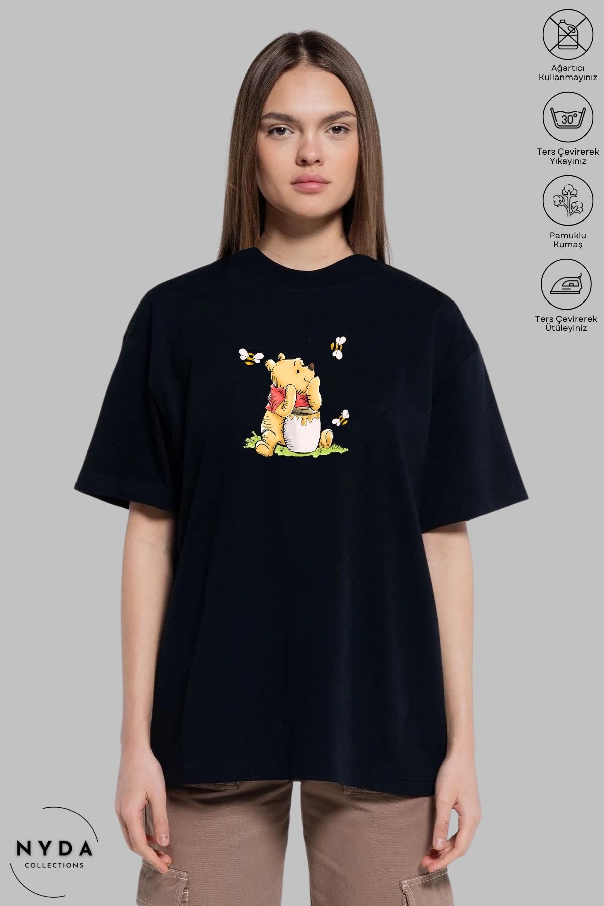 Nyda Collections Unisex Bisiklet Yaka Winnie The Pooh Baskılı Pamuk Oversize Kısa Kollu Tişört