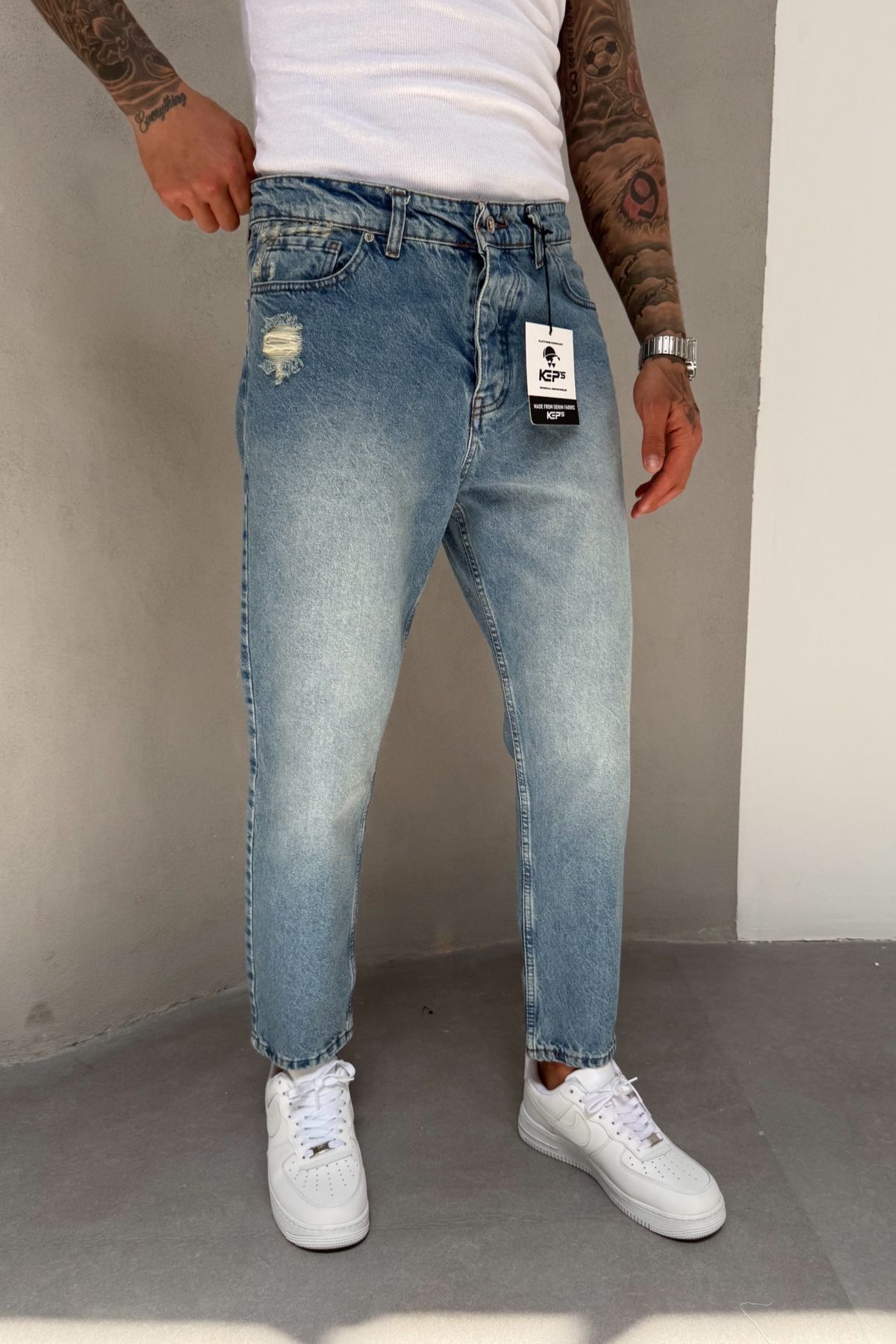 MADZEYMODA Mavi Boyfriend Kalıp Denim Kumaş Yırtık Detaylı Erkek Jean Kot Pantolon Mz399