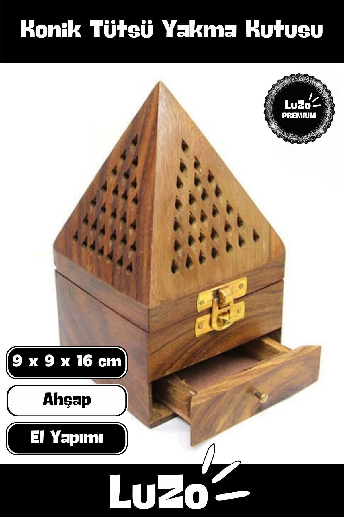 LuZo Premium Seri El Yapımı Ahşap Dekoratif Taşınabilir Desenli Konik Tütsü Yakma Kutusu 9 x 9 x 16 cm