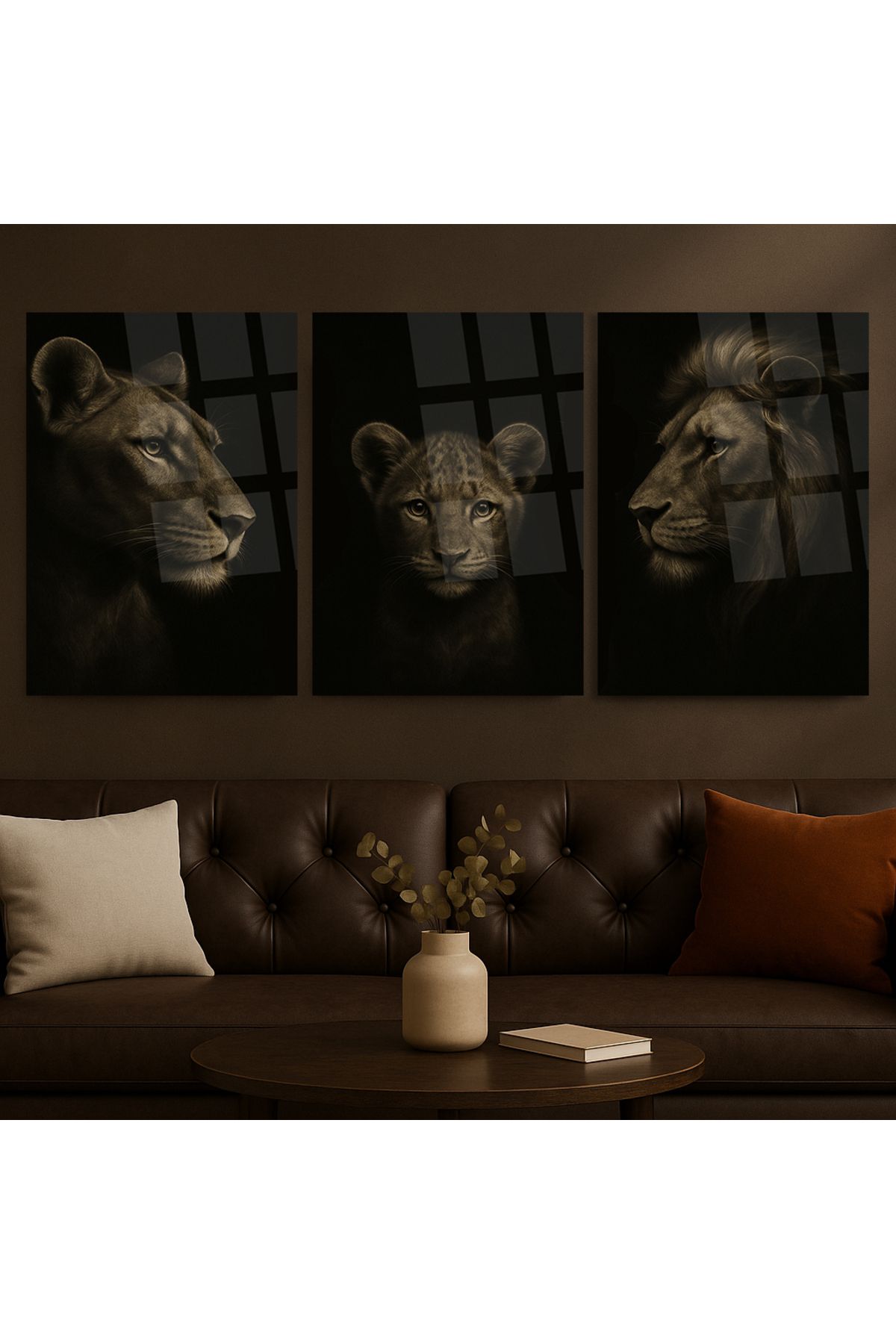 TAULART 3 LÜ TABLO ASLAN AİLESİ HARİKTA TASARIM MODERN KIRILMAZ CAM TABLO EV OFİS HEDİYESİ LÜKS CAM TABLO