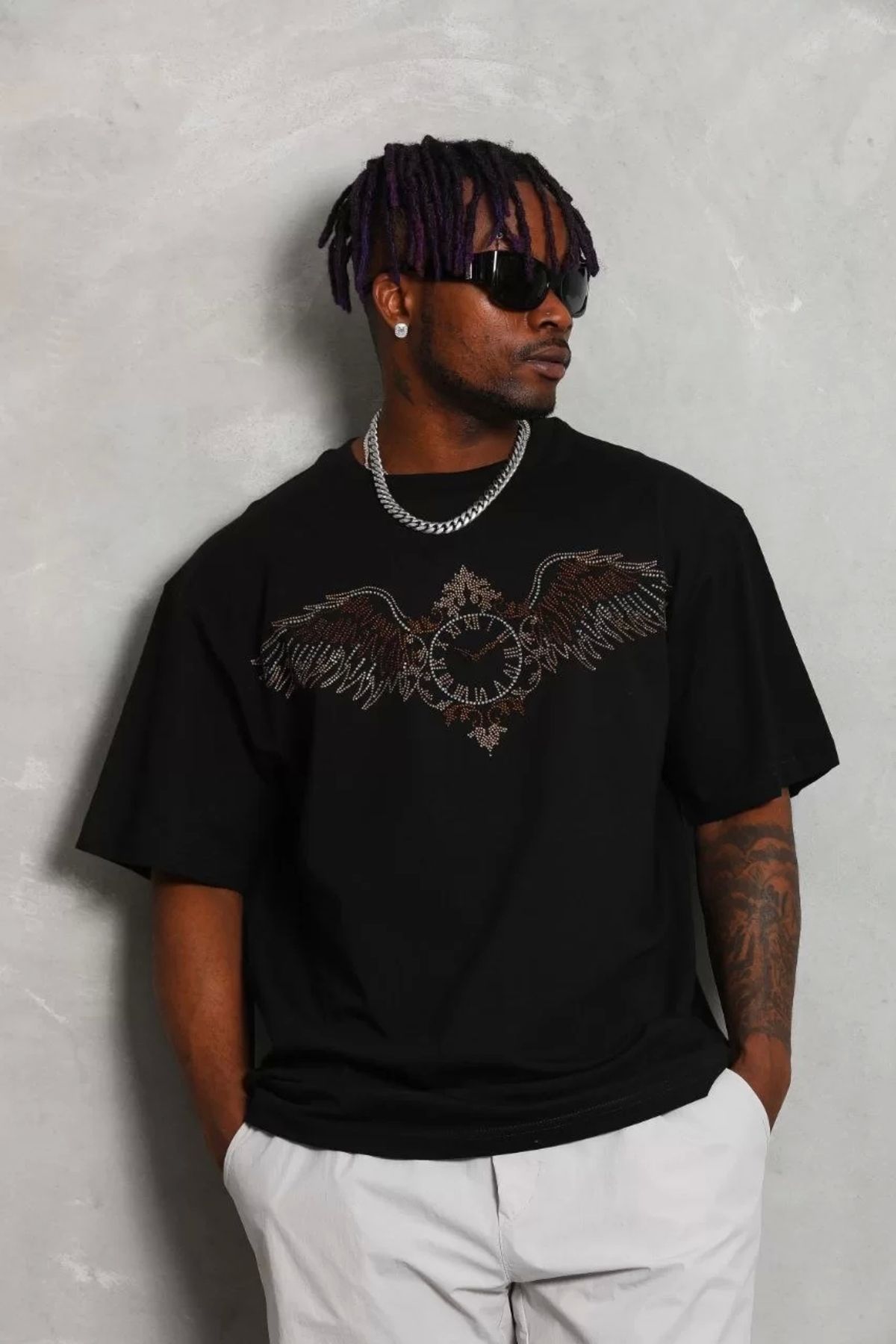 CVS Unisex Oversize Taşlı Bisiklet Yaka T-Shirt - Siyah