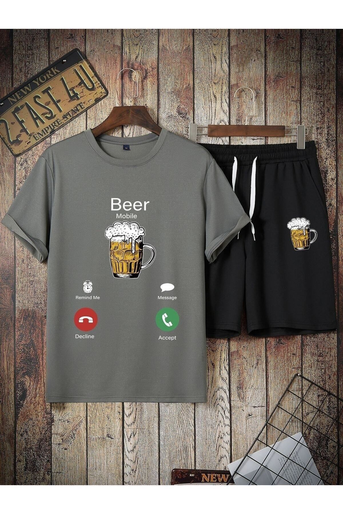 GIANTSTORE Erkek Siyah Beer Baskılı Şort Takım