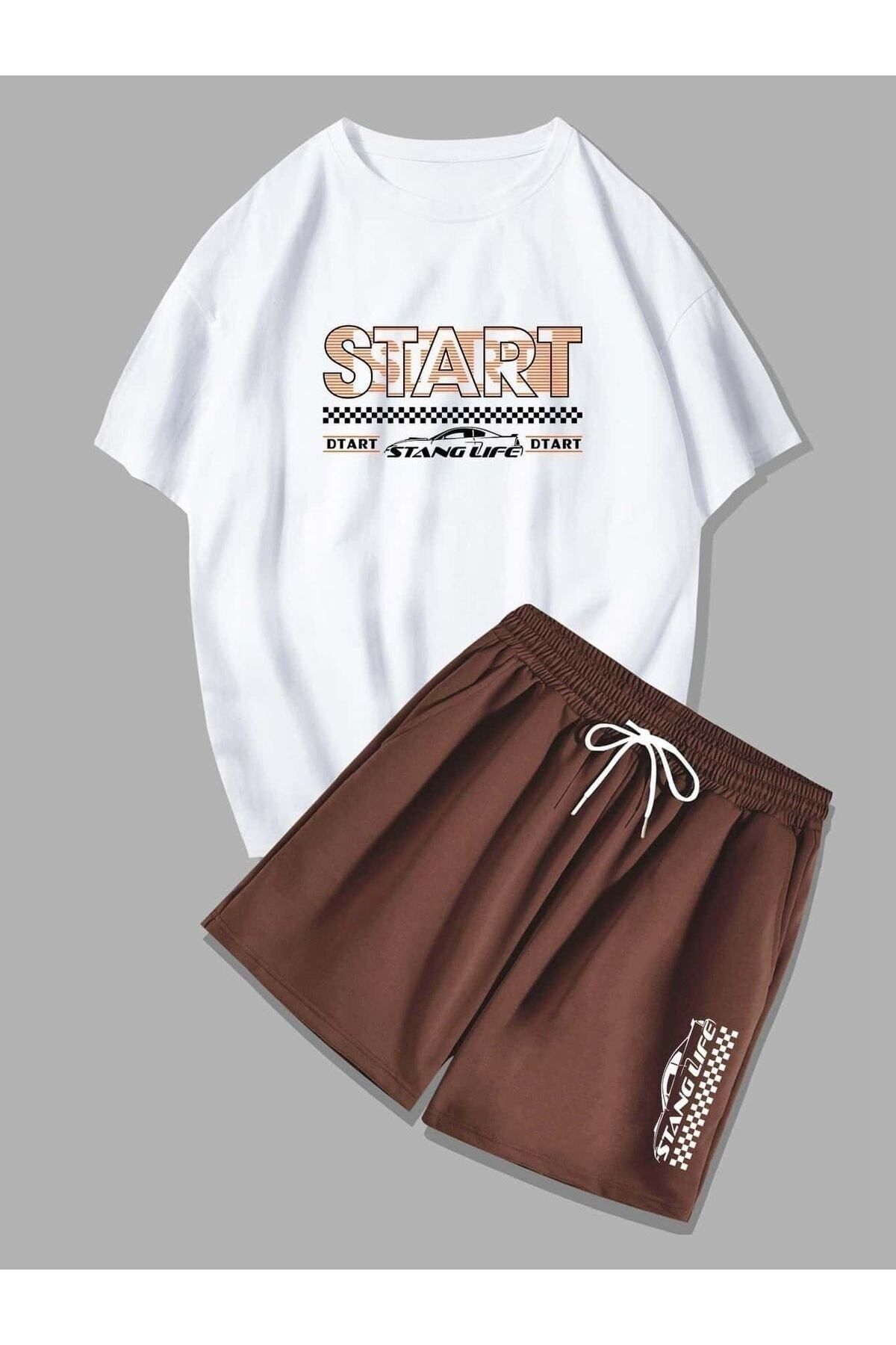 GIANTSTORE Erkek Kahverengi Start Baskılı Şort Takım