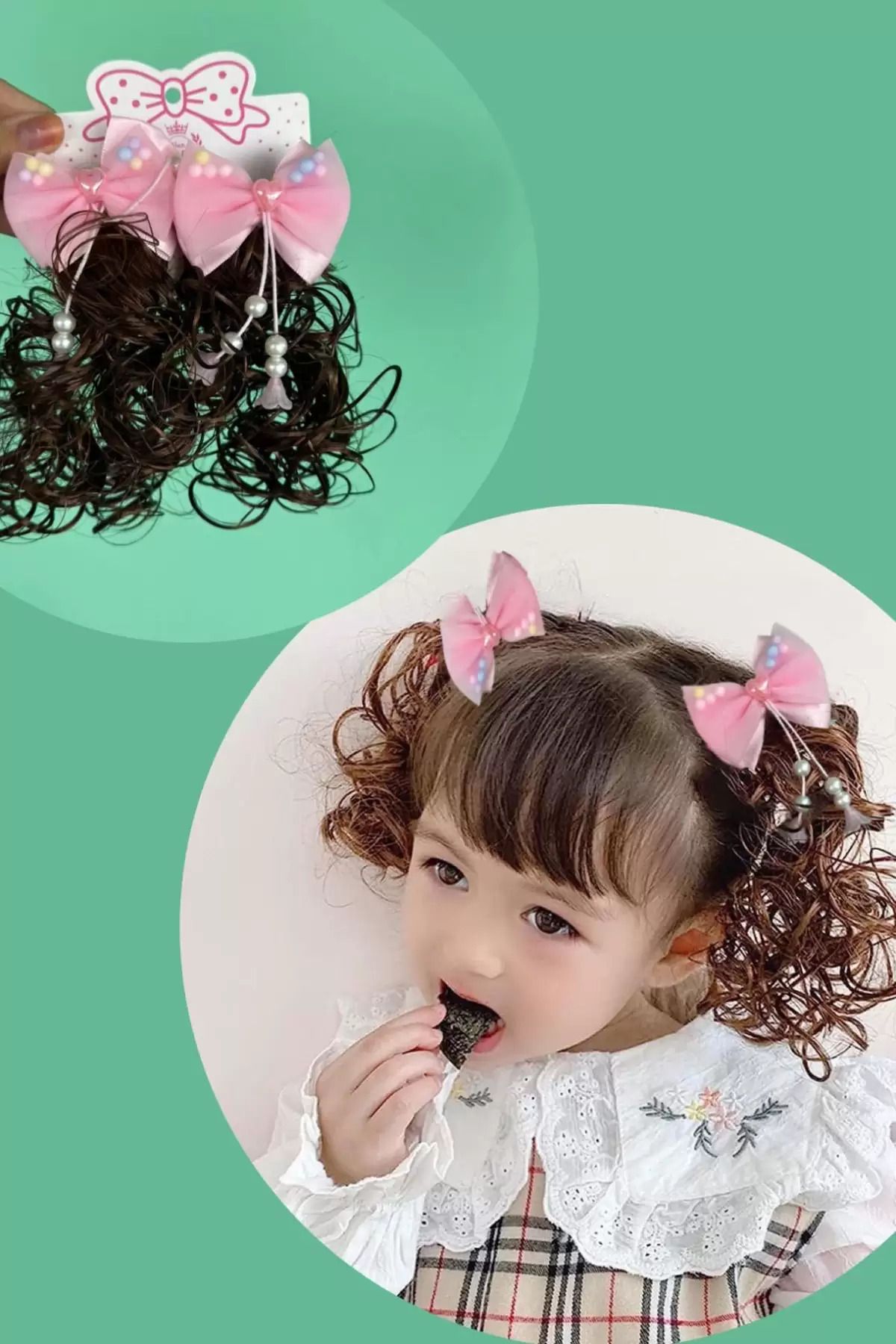 GÜLPEŞE 2'li Saçlı Kız Çocuk Tokası Boncuk Sallantılı Fiyonk Kıstırmalı Toka Zarif-8238