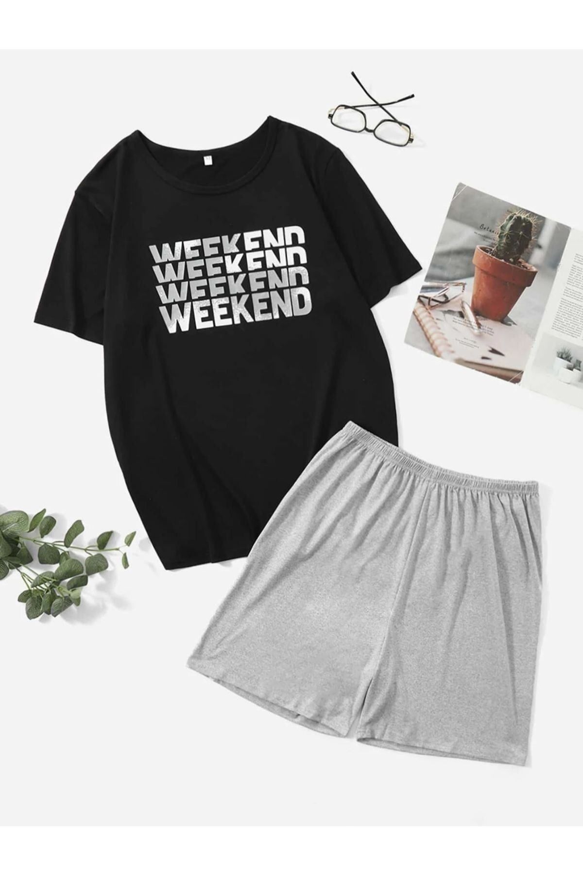 GIANTSTORE Unisex Oversize Weekend Baskılı Siyah Bisiklet Yaka T-shirt Gri Şort