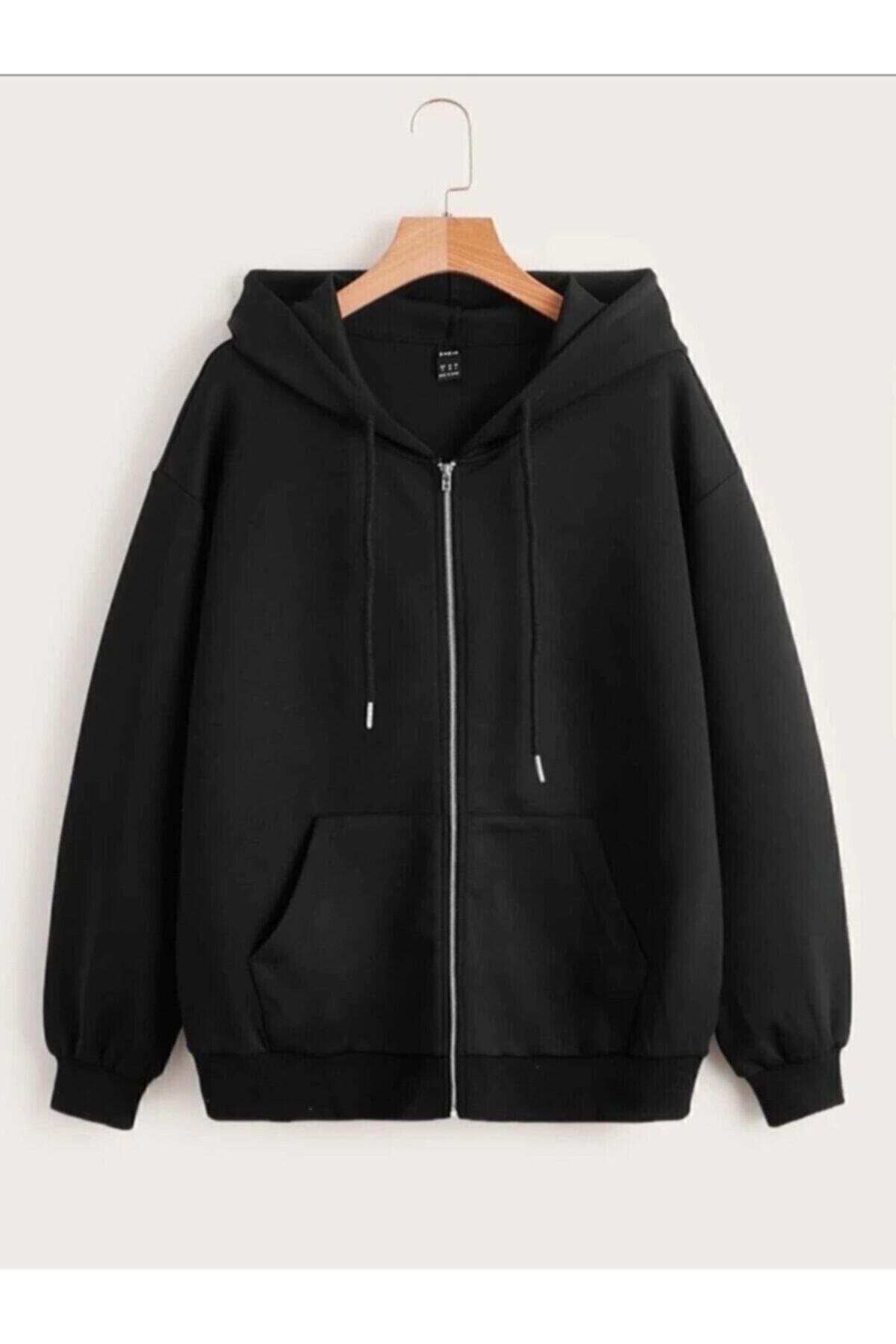 GIANTSTORE Blackosokak Kadın Siyah Kapüşonlu Oversize Fermuarlı Sweat Hırka