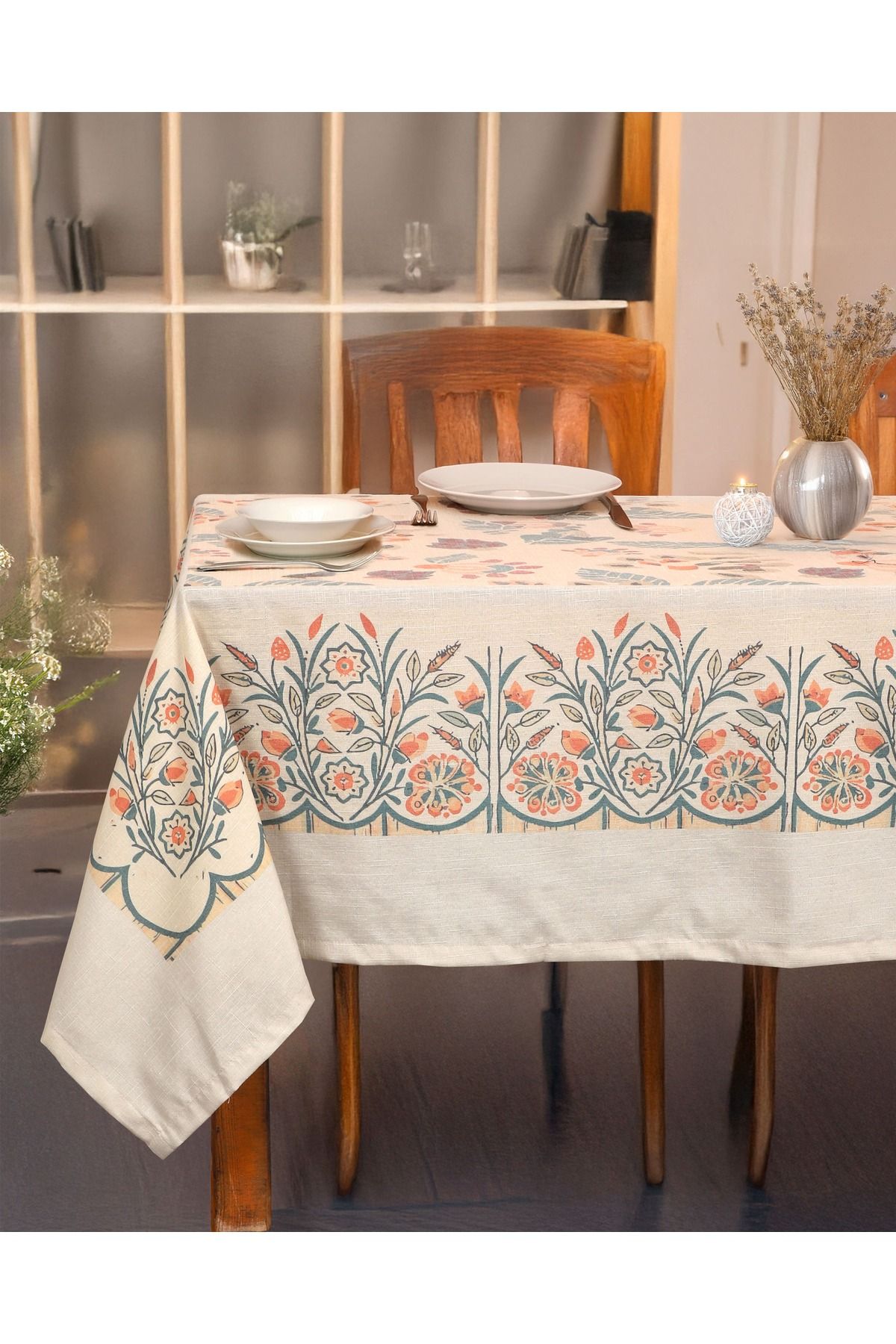 KATRE HOME 160x220 cm Keten Görünümlü Desenli Masa Örtüsü – Leke Tutmaz, Şık ve Dayanıklı