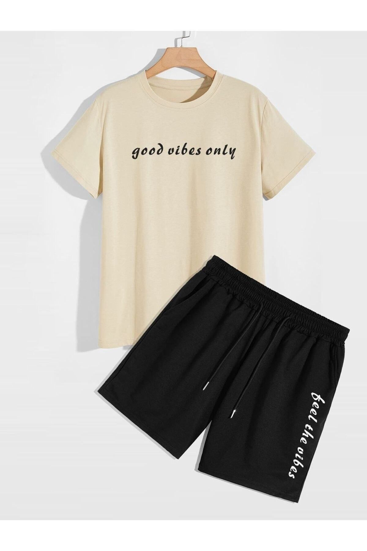 GIANTSTORE Erkek Siyah Good Vıbes Only Baskılı Şort Takım