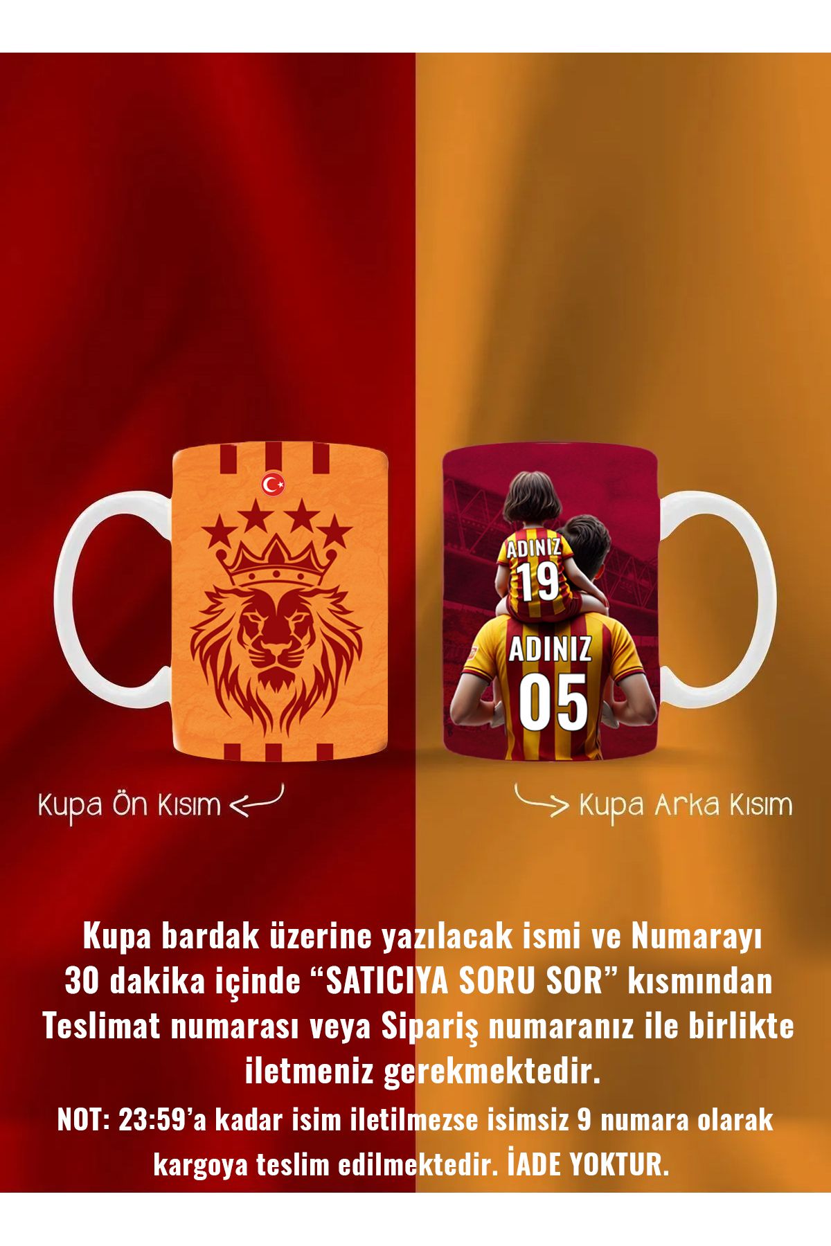 BİBANAPROMOSYON Galatasaray Baba Kız - Anne Kız Yeni Figür Çocuk Kişiye Özel Ad Ve Numaralı Kupa Kahve Bardak