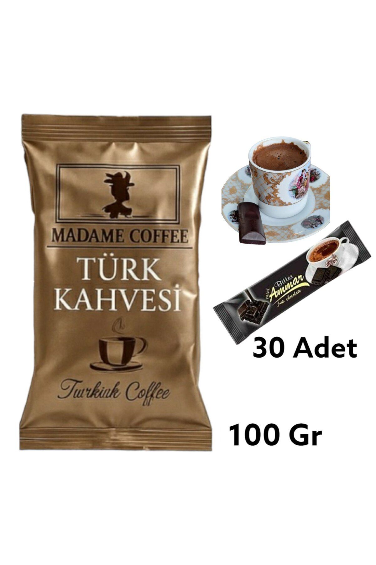 AMMAR Madame Türk Kahvesi 100 Gr Ve Kahve Yanı Ammar Bitter Çikolata 30X7 Gr