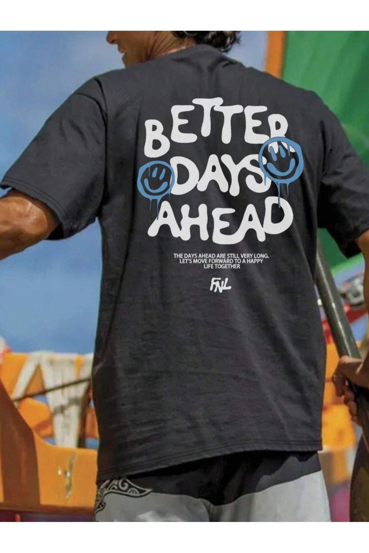 GIANTSTORE Erkek Antrasit Better Days Ahead Baskılı Oversize Tshirt