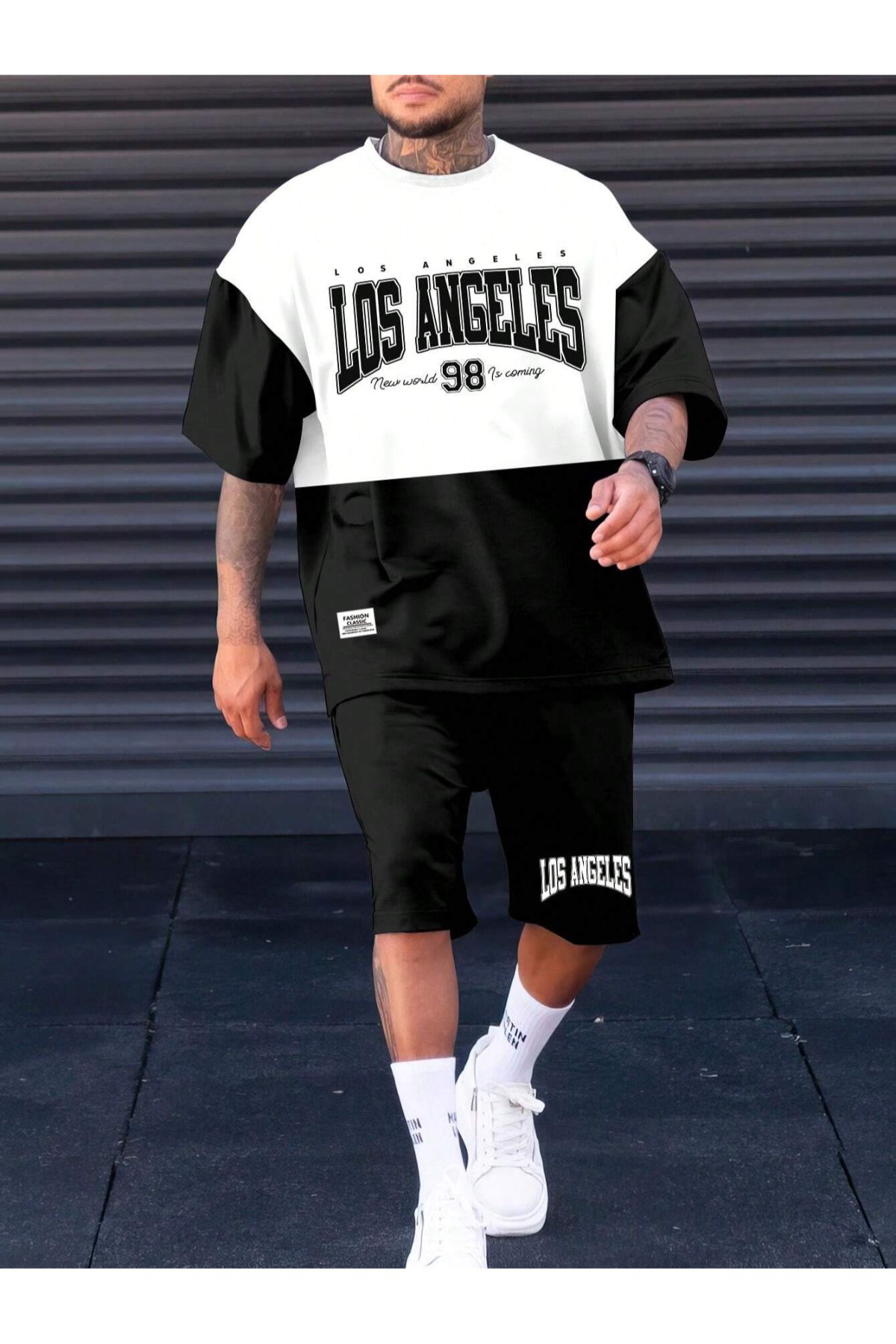 GIANTSTORE Los Angeles 98 Baskılı Parçalı Şort-Tişört Siyah Erkek Takım