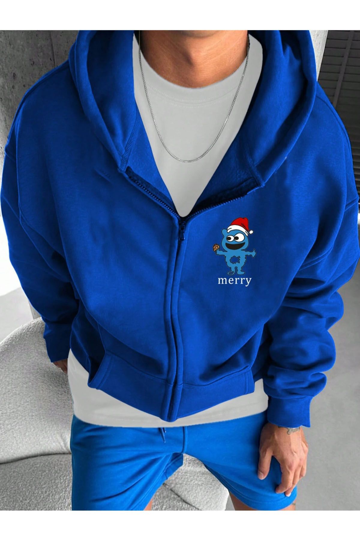 GIANTSTORE Mavi Merry Baskılı Oversize Fermuarlı Hırka Unisex