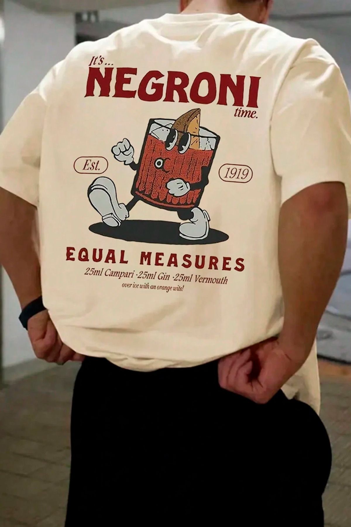 GIANTSTORE Negroni Baskılı Oversize Bisiklet Yaka Erkek Bej T-shirt