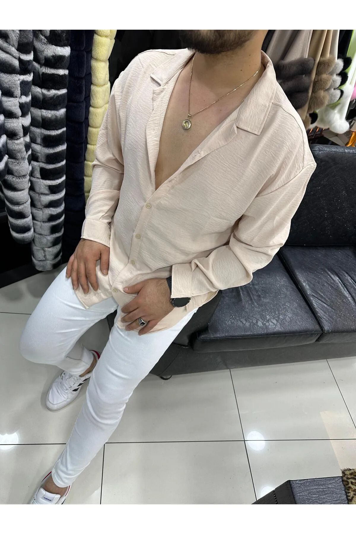 MODA Dokulu Oversize keten Gömlek