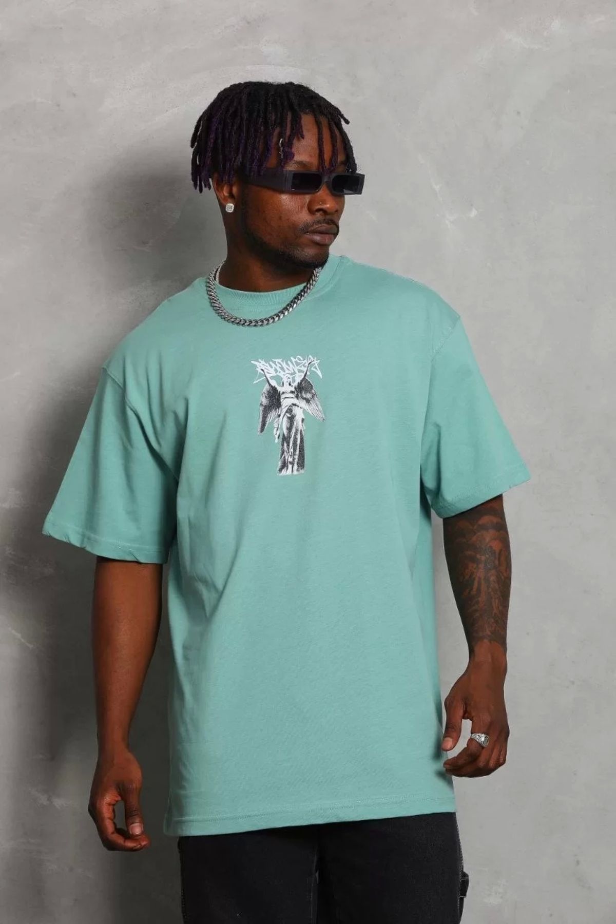 CVS Unisex Oversize Baskılı Bisiklet Yaka T-Shirt - Mint Yeşili