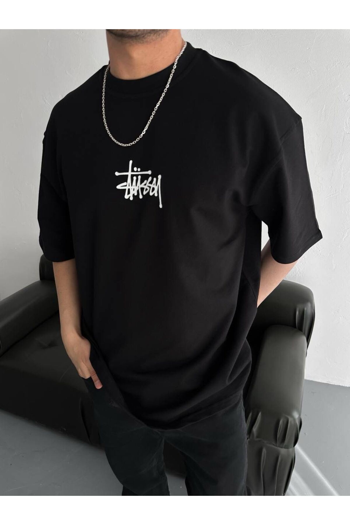 GIANTSTORE Erkek Stüssy Baskılı Oversize Siyah Tshirt