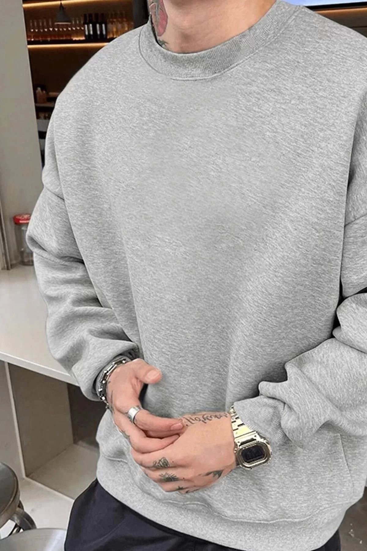 CVS Erkek Düz Bisiklet Yaka Sweat - Gri