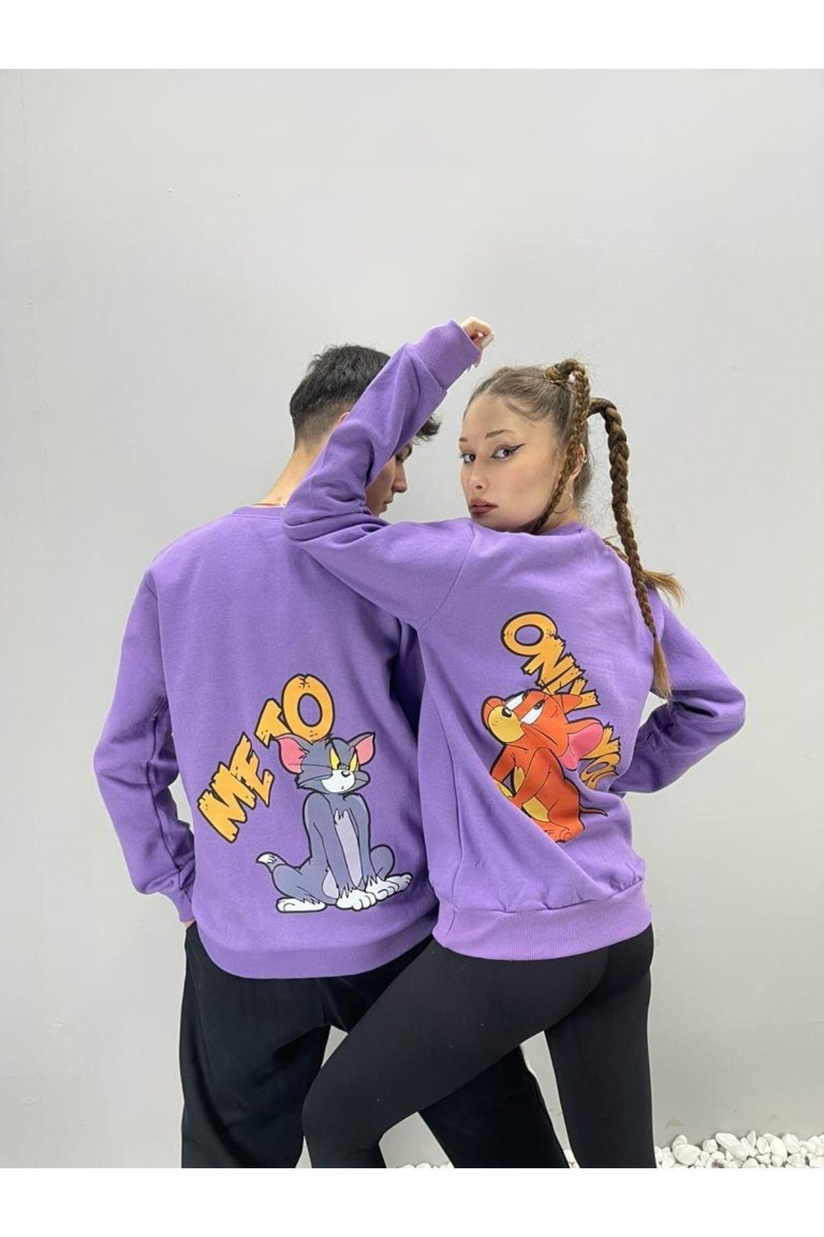 GIANTSTORE Unisex Mor Mee To Baskılı Bisiklet Yaka Sevgili Kombini 2'li Set